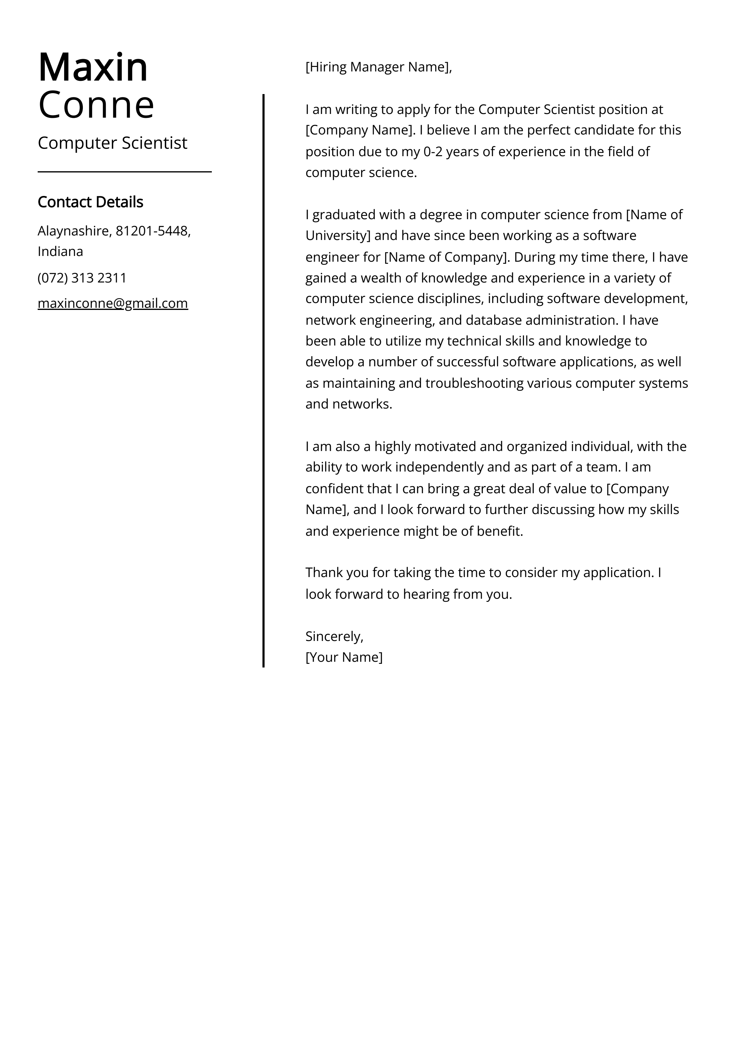 Computer Scientist Cover Letter Example