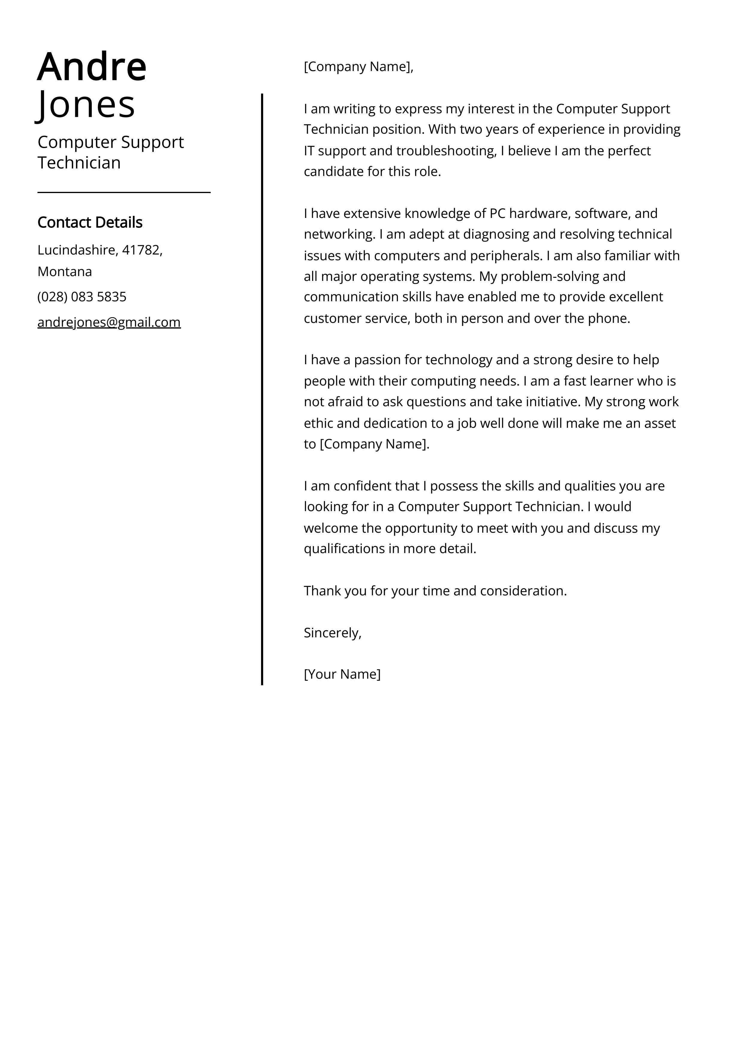 Computer Support Technician Cover Letter Example