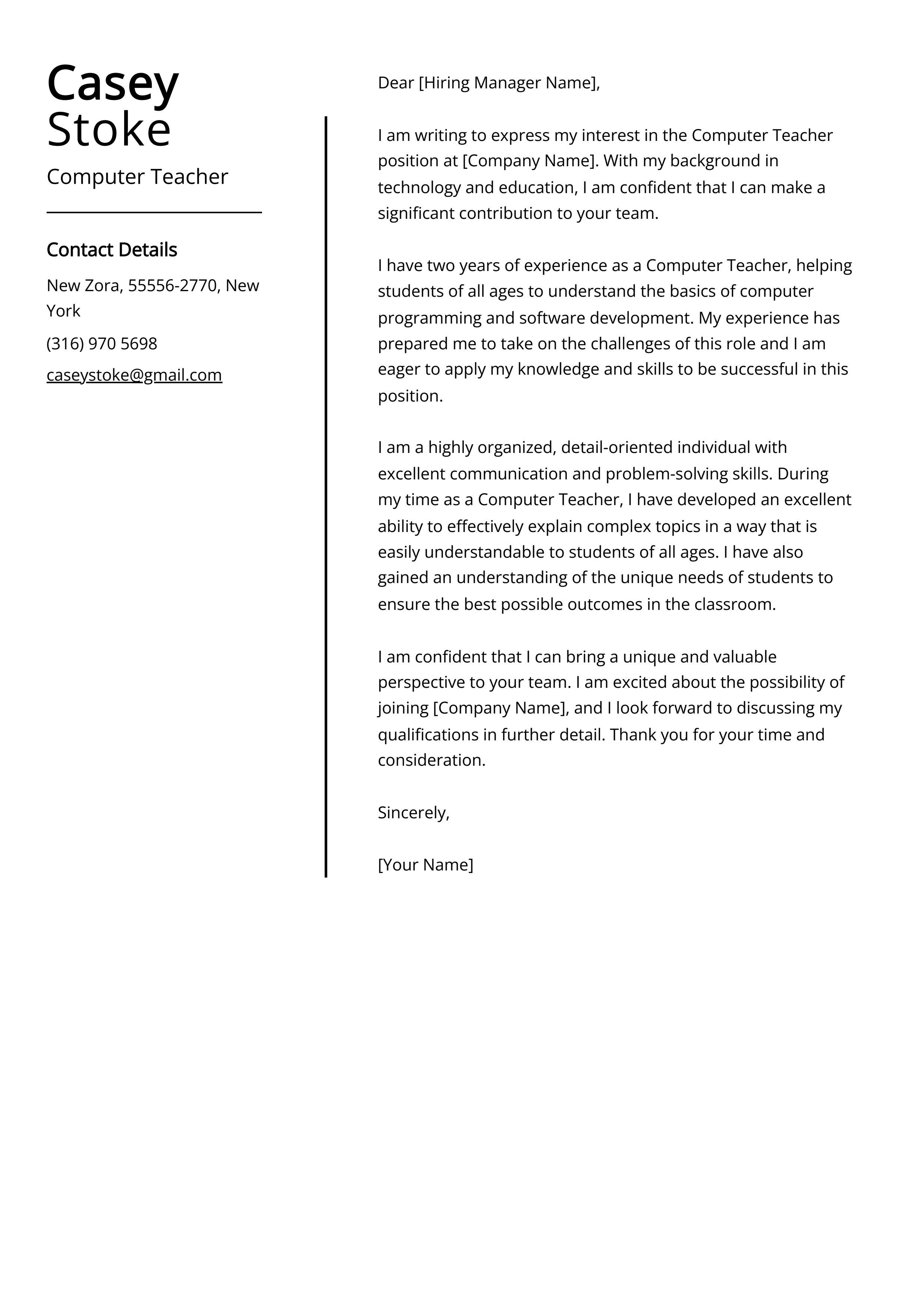 Computer Teacher Cover Letter Example