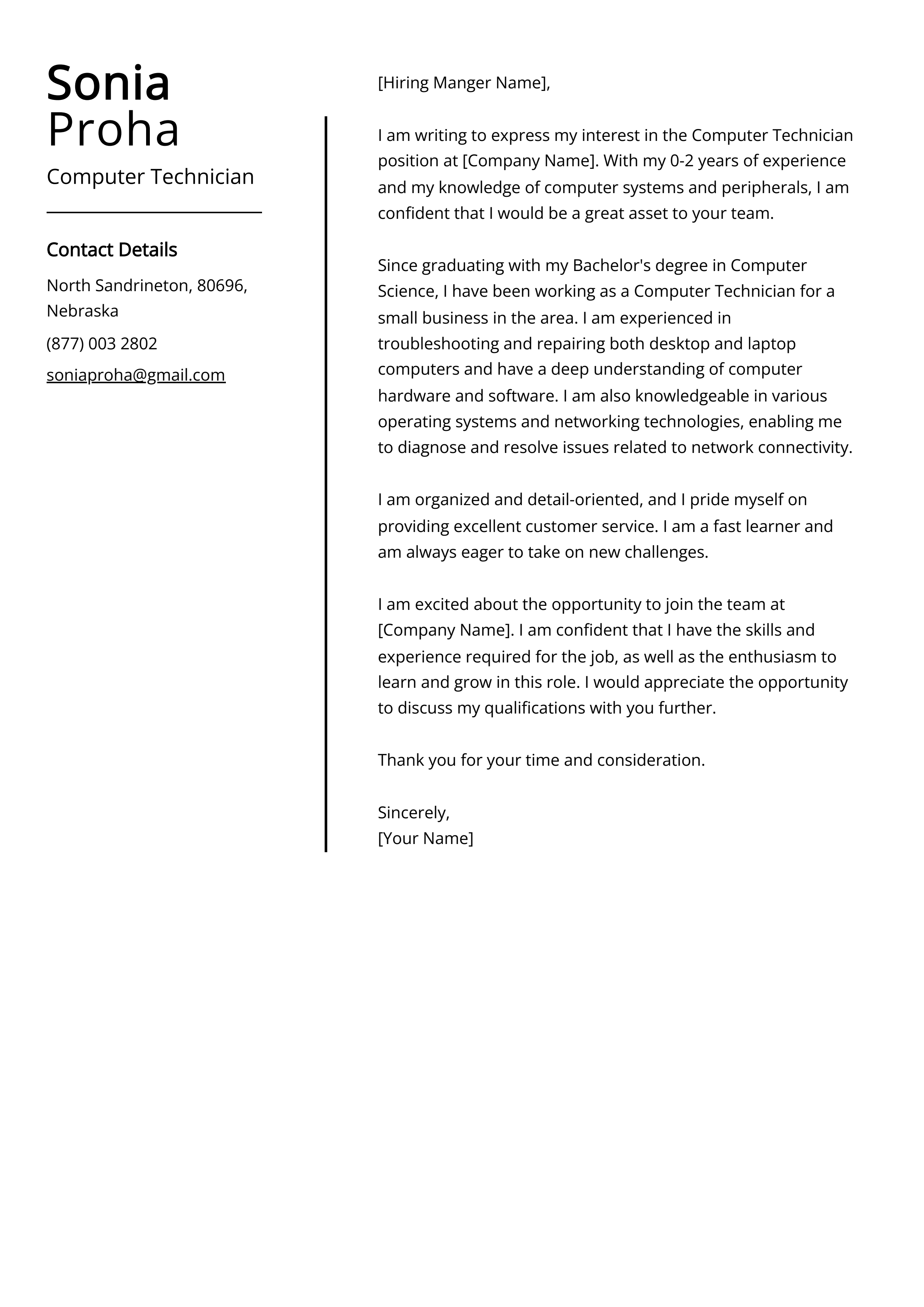 Computer Technician Cover Letter Example