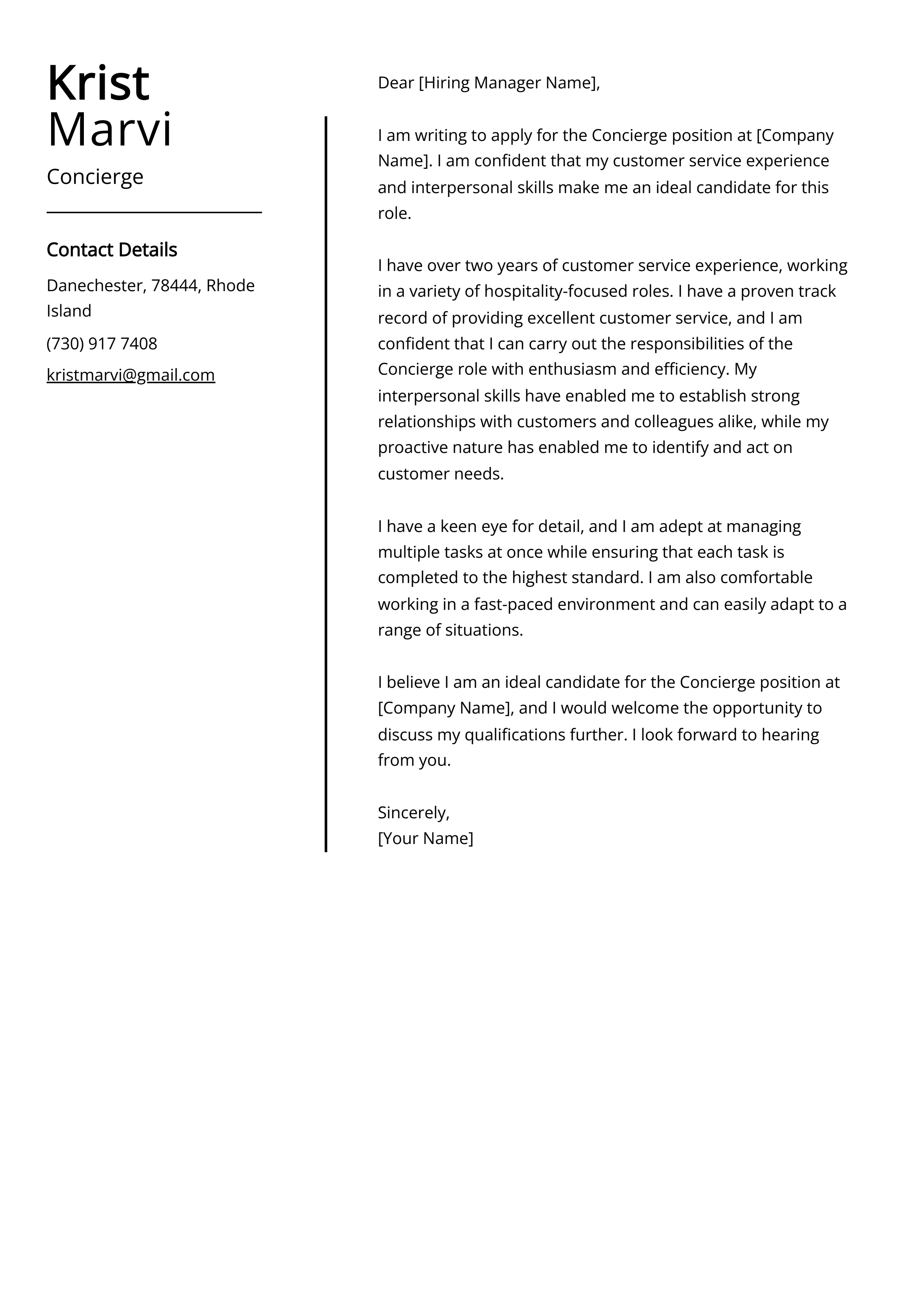Concierge Cover Letter Example