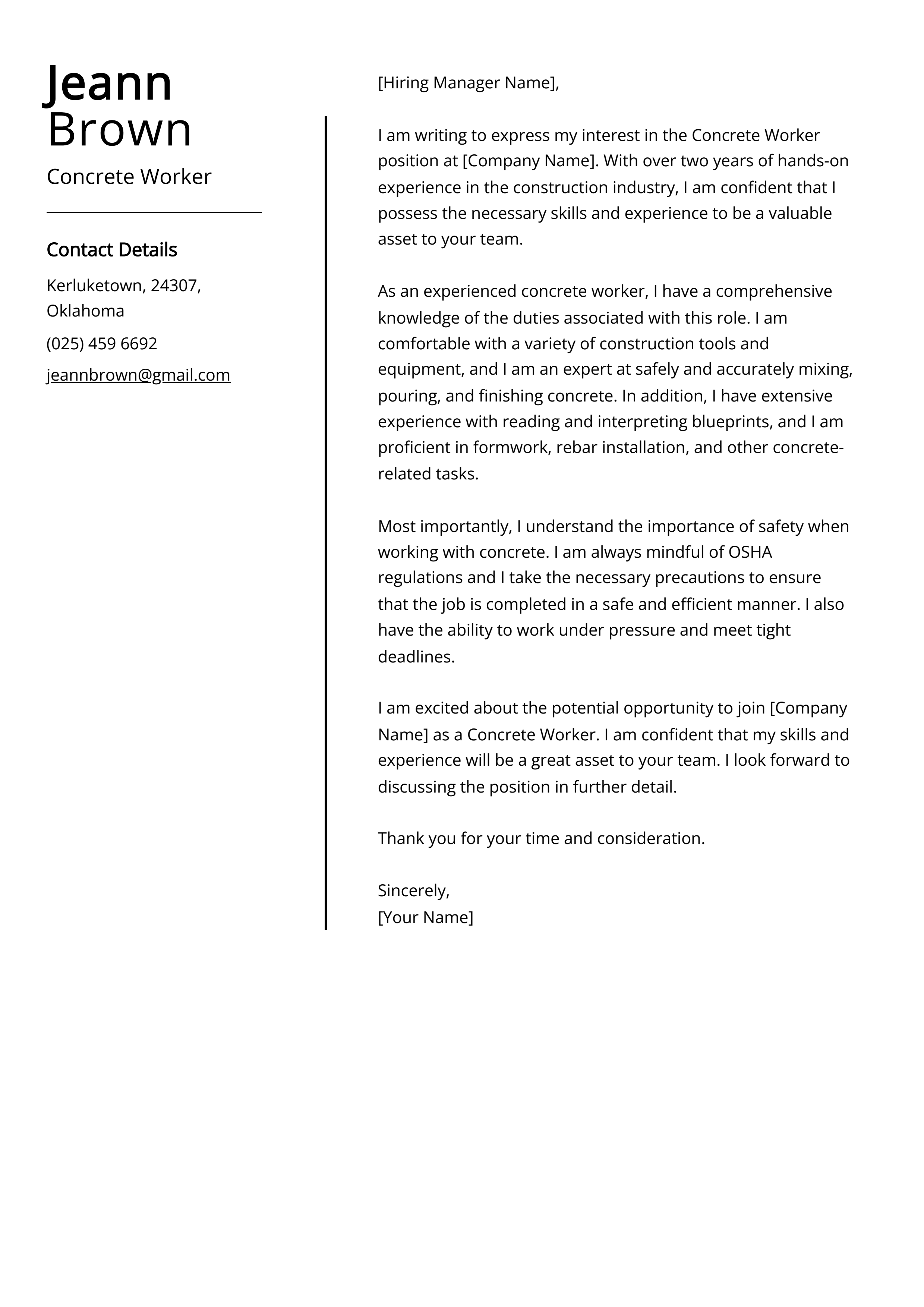 Concrete Worker Cover Letter Example
