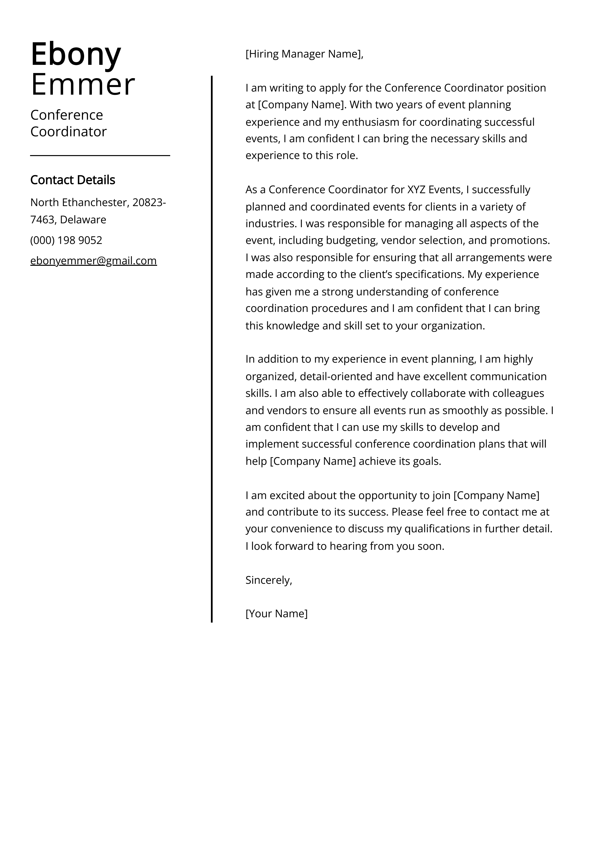 Conference Coordinator Cover Letter Example