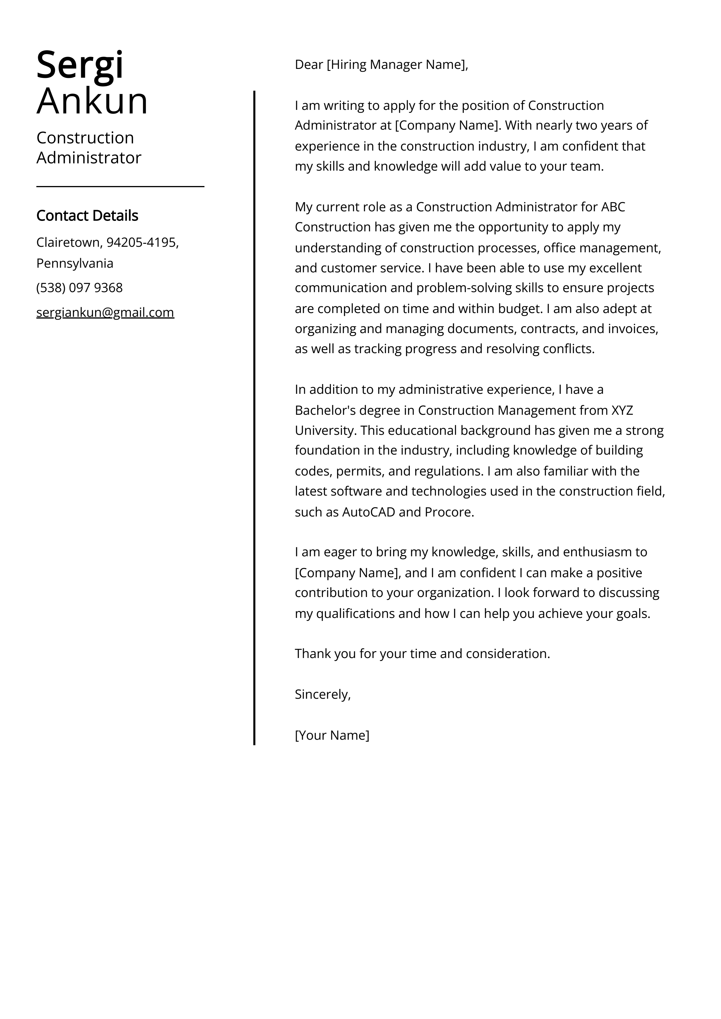 Construction Administrator Cover Letter Example