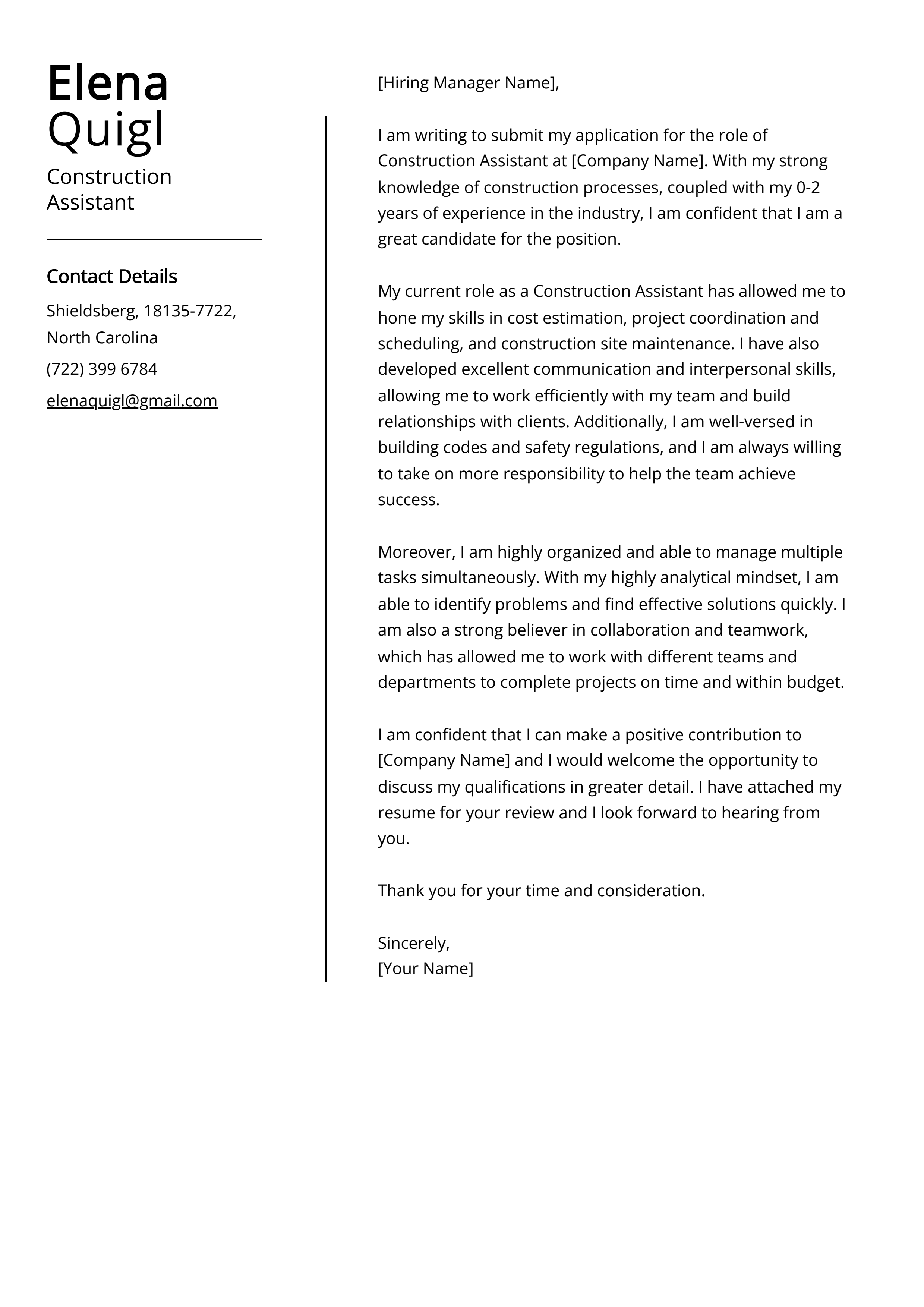 Construction Assistant Cover Letter Example