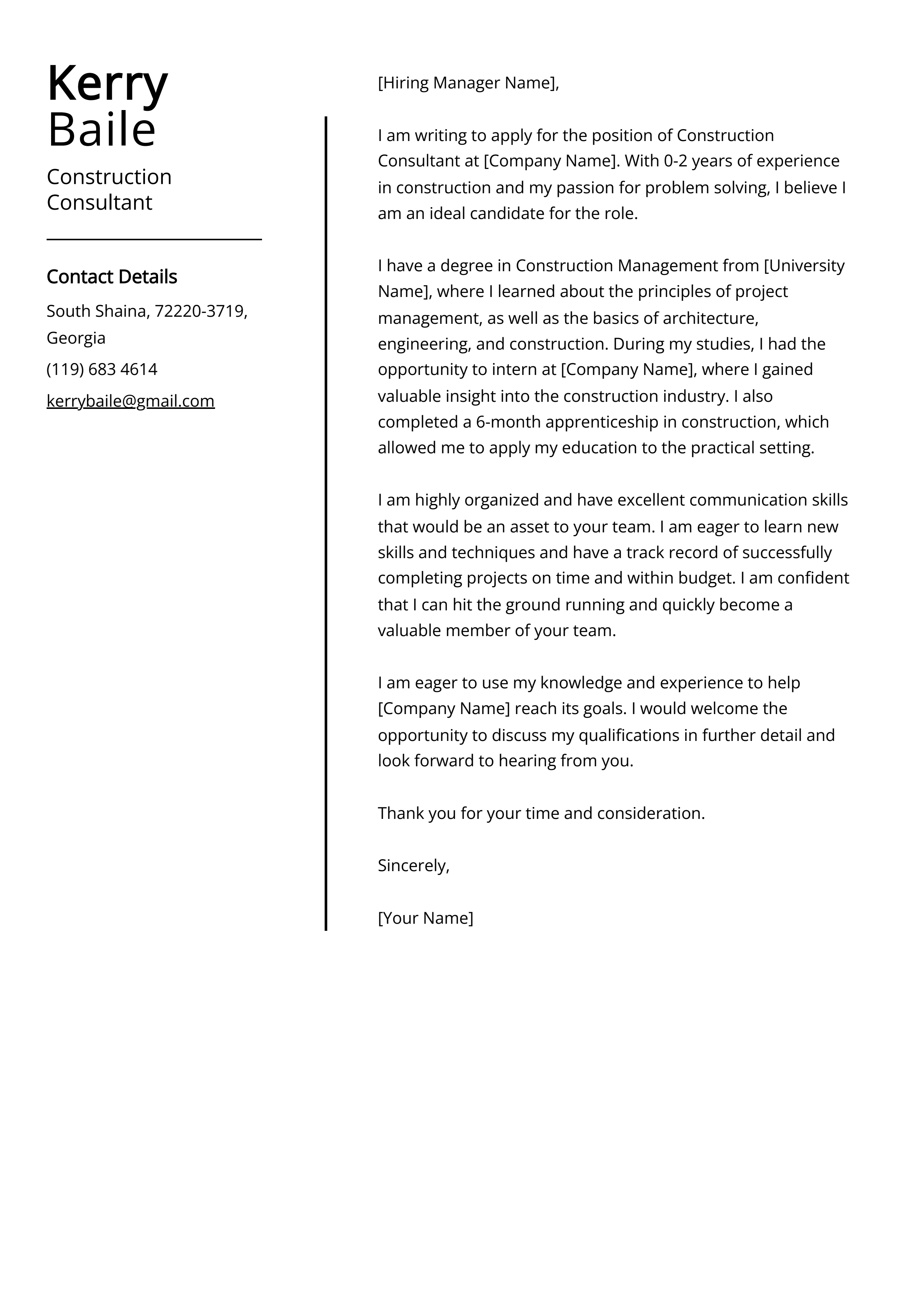 Construction Consultant Cover Letter Example