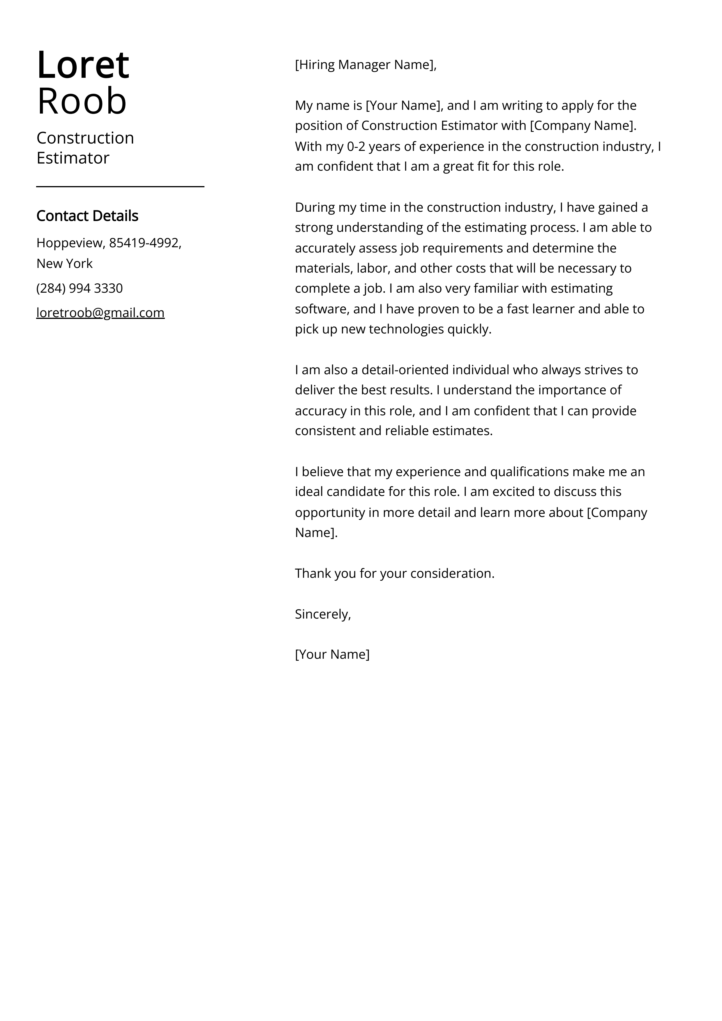 Construction Estimator Cover Letter Example