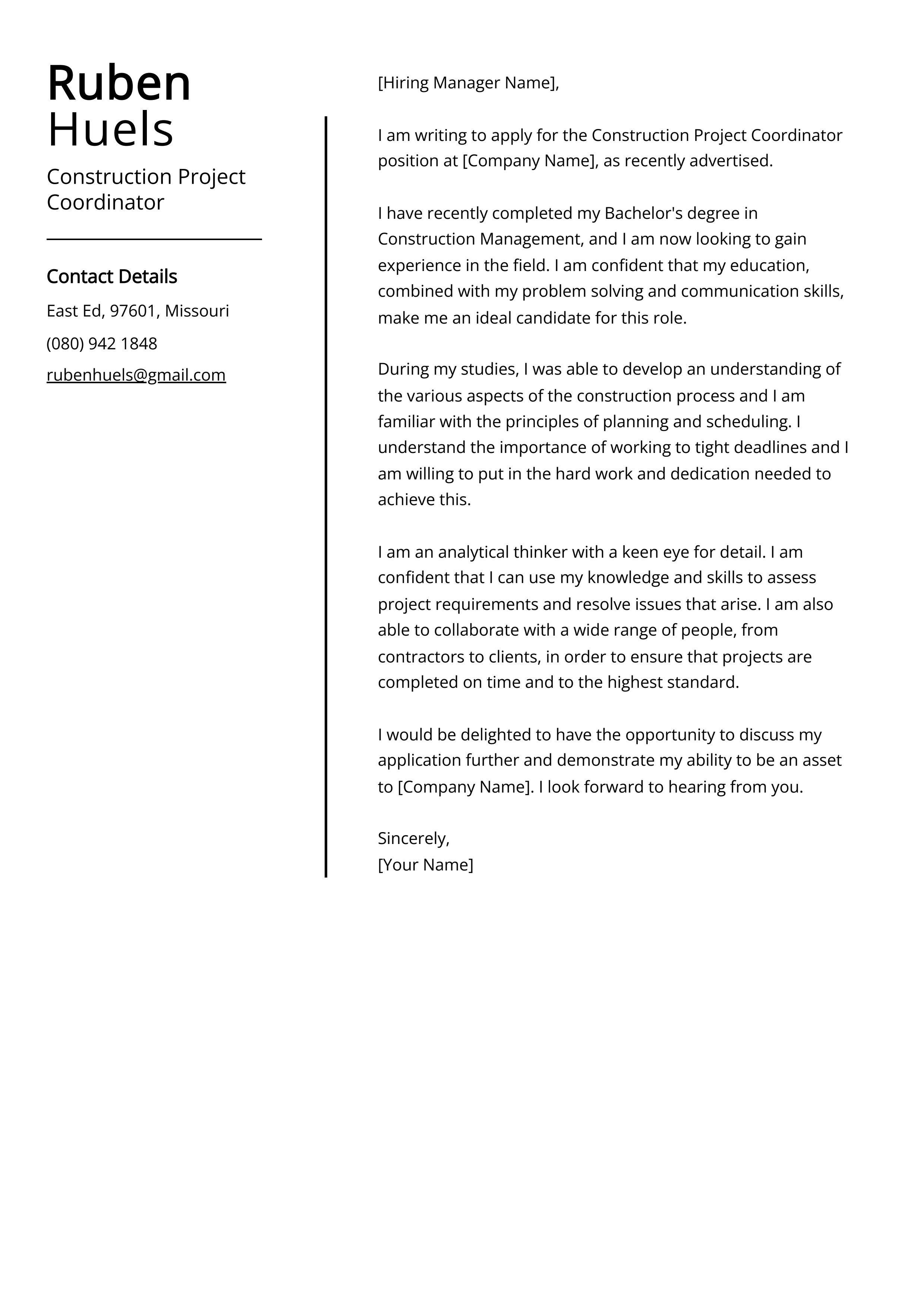Construction Project Coordinator Cover Letter Example
