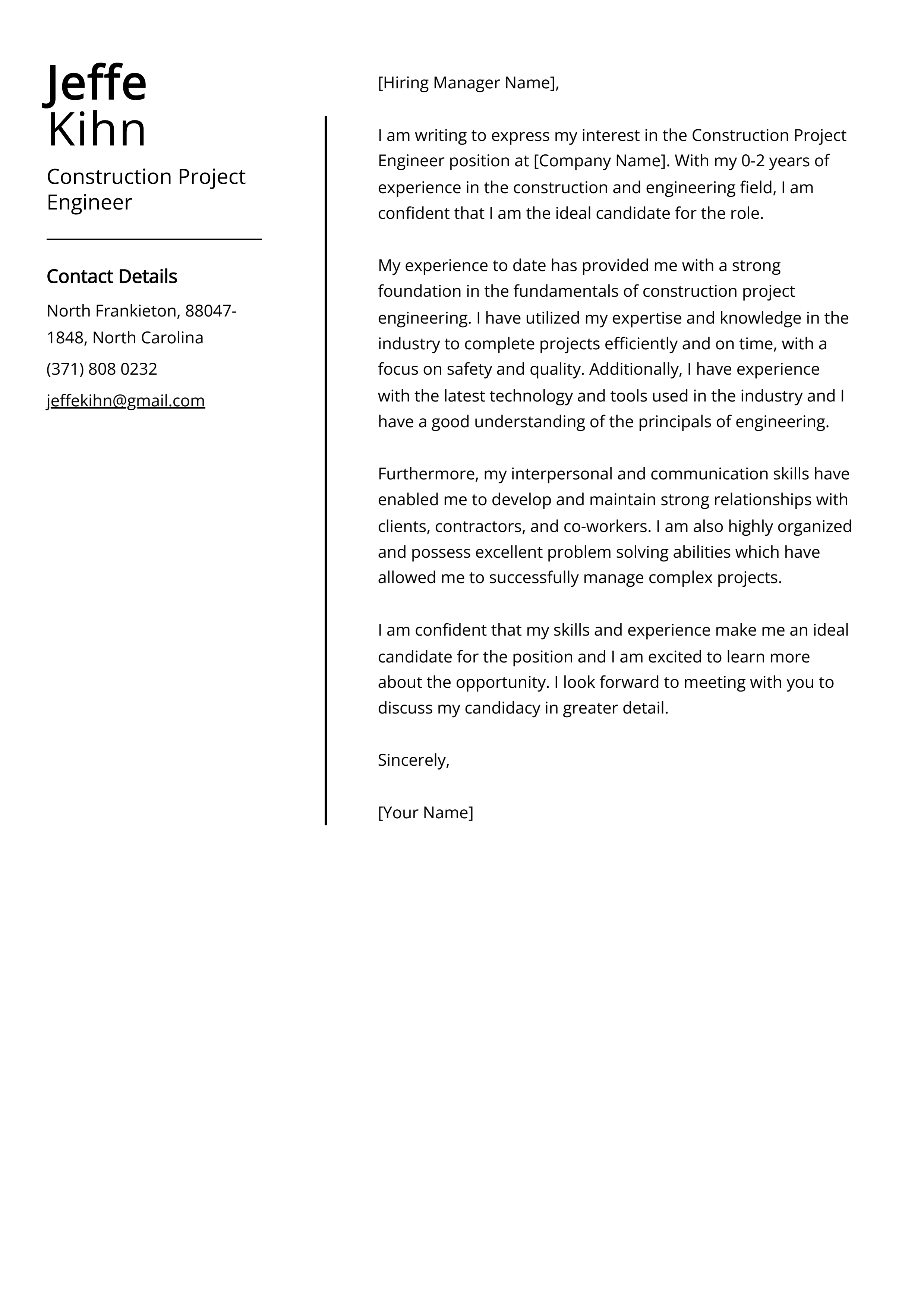Construction Project Engineer Cover Letter Example