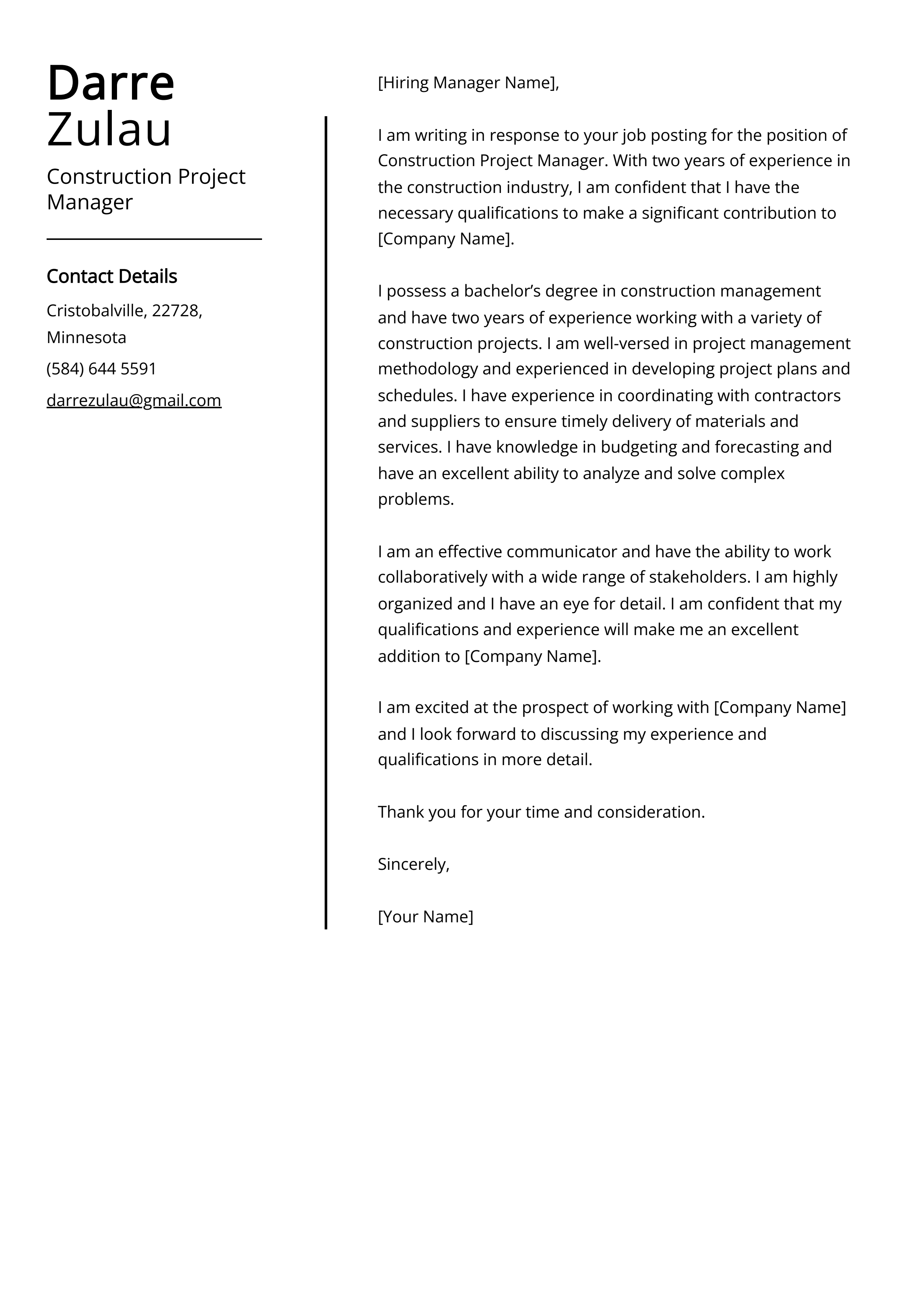Construction Project Manager Cover Letter Example