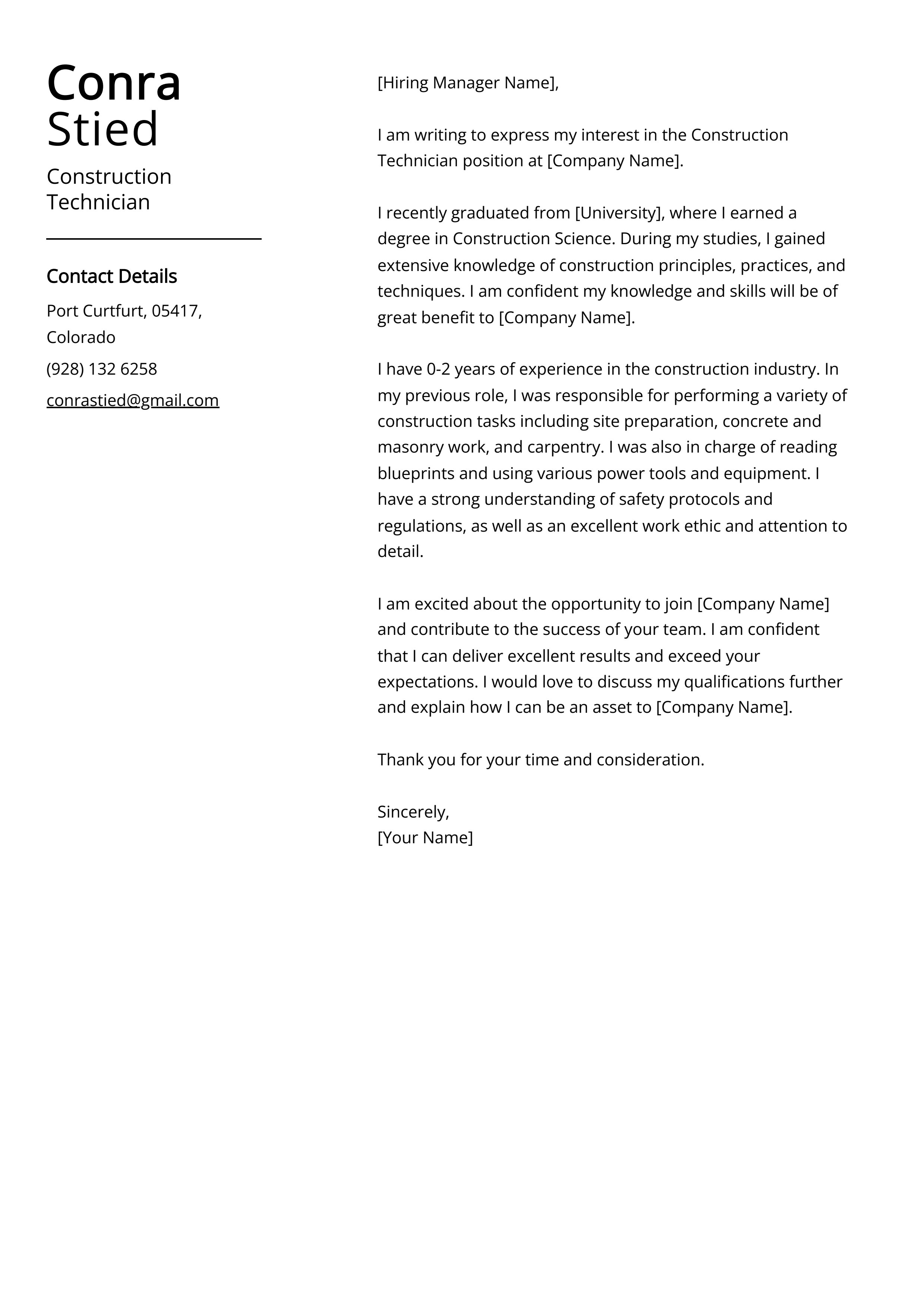 Construction Technician Cover Letter Example