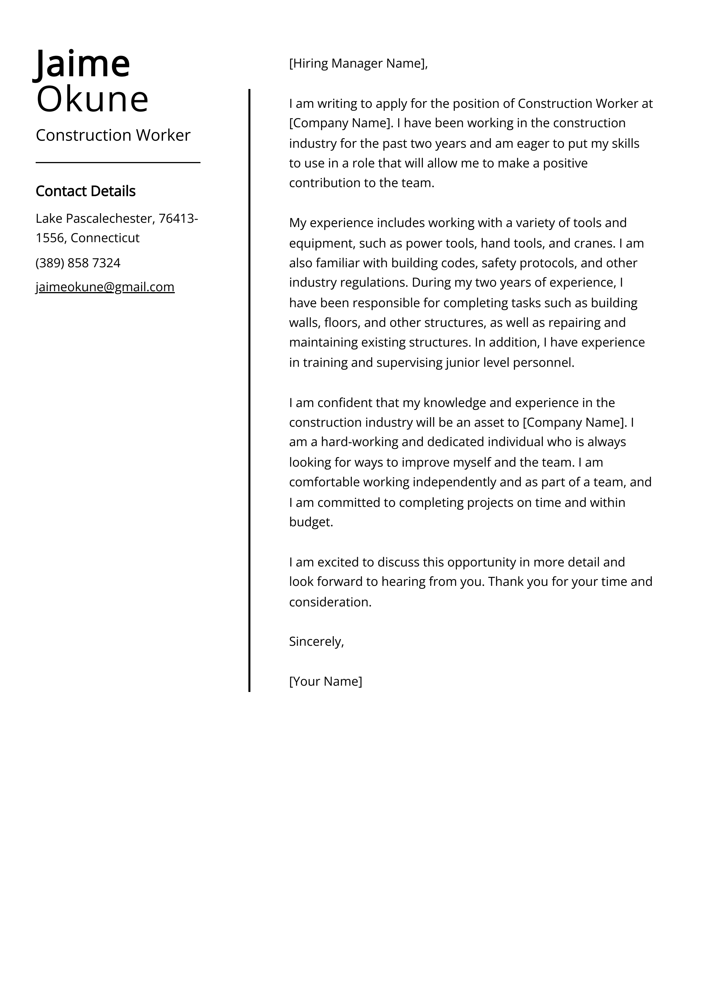 Construction Worker Cover Letter Example