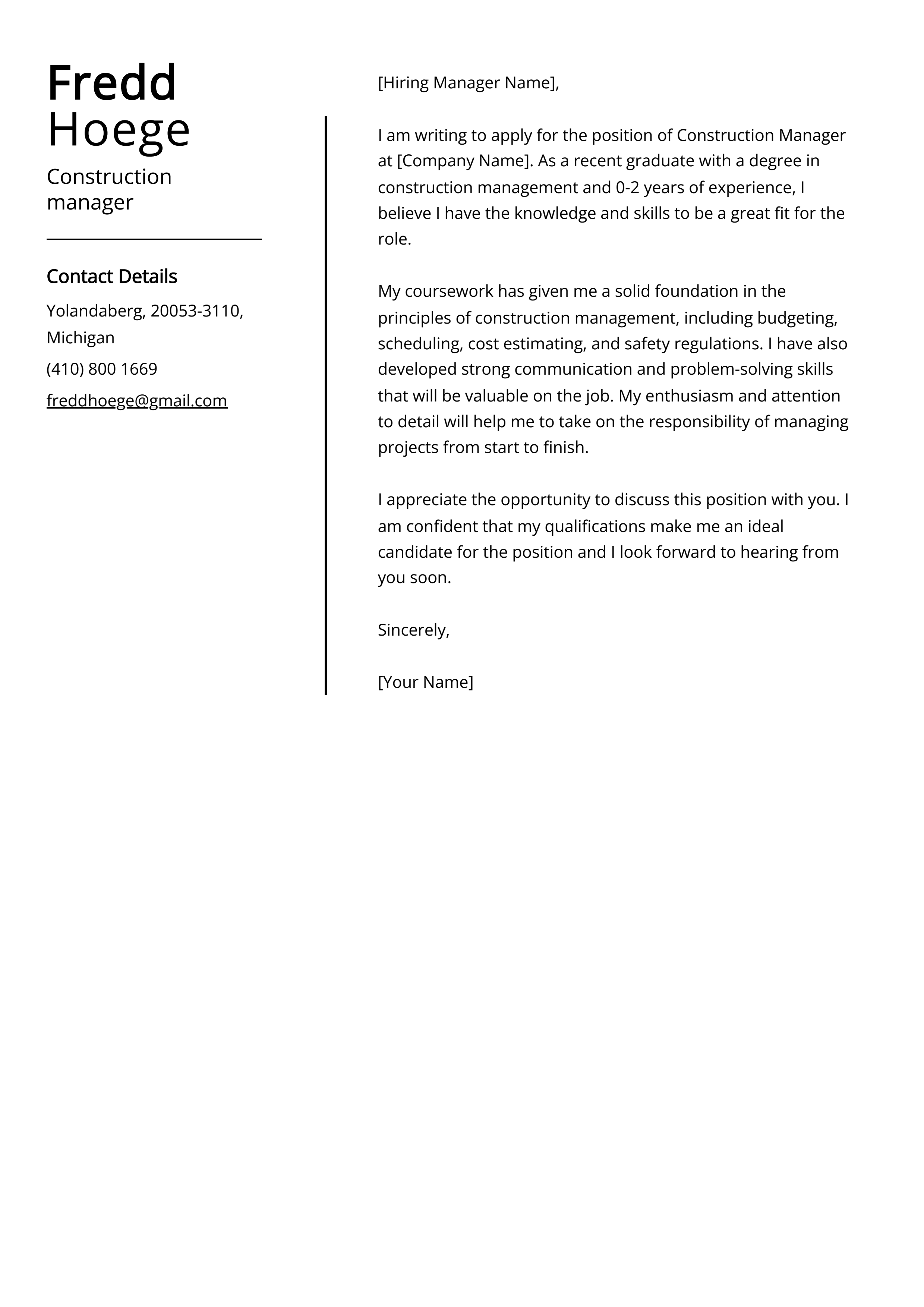 Construction manager Cover Letter Example