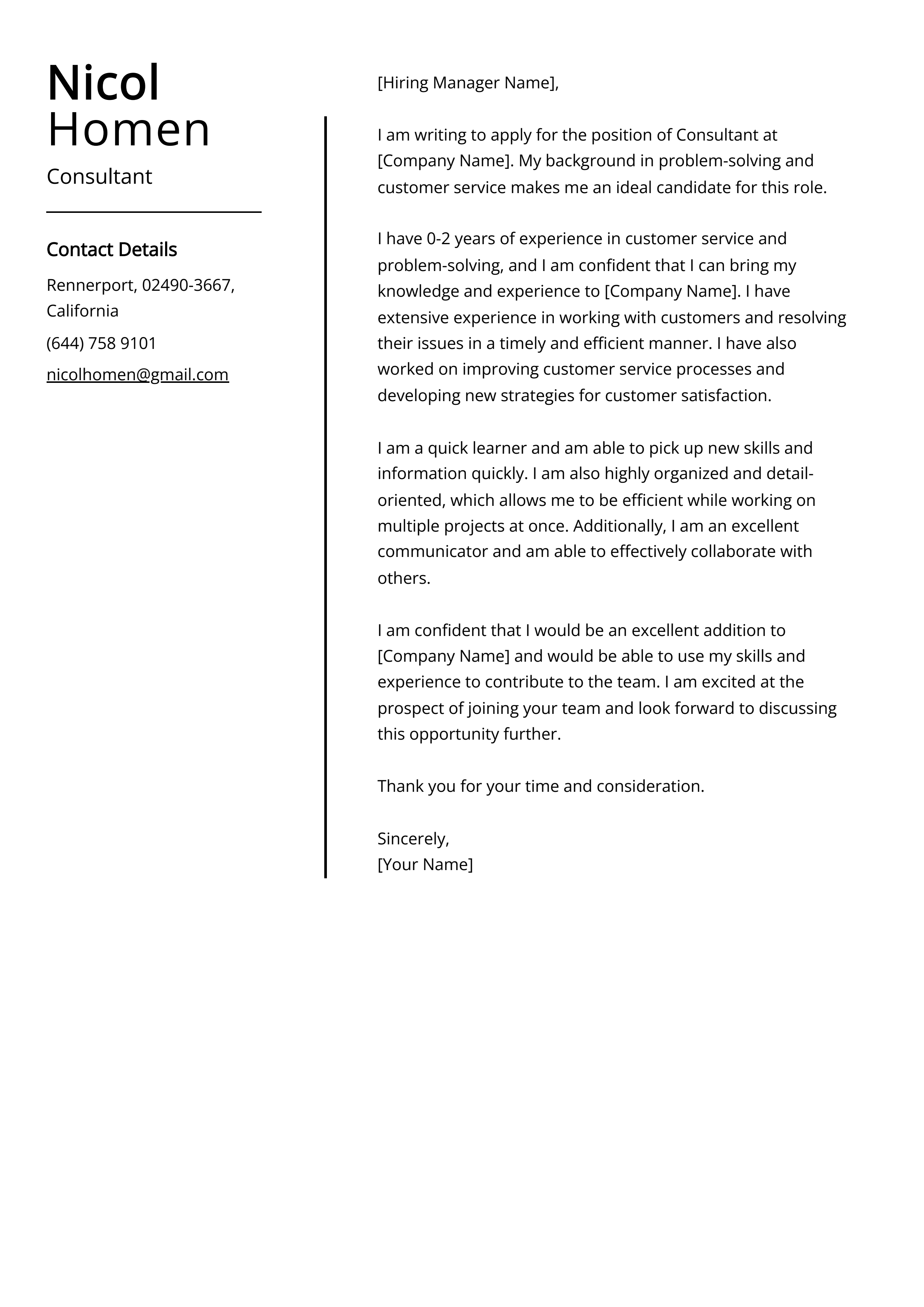 Consultant Cover Letter Example