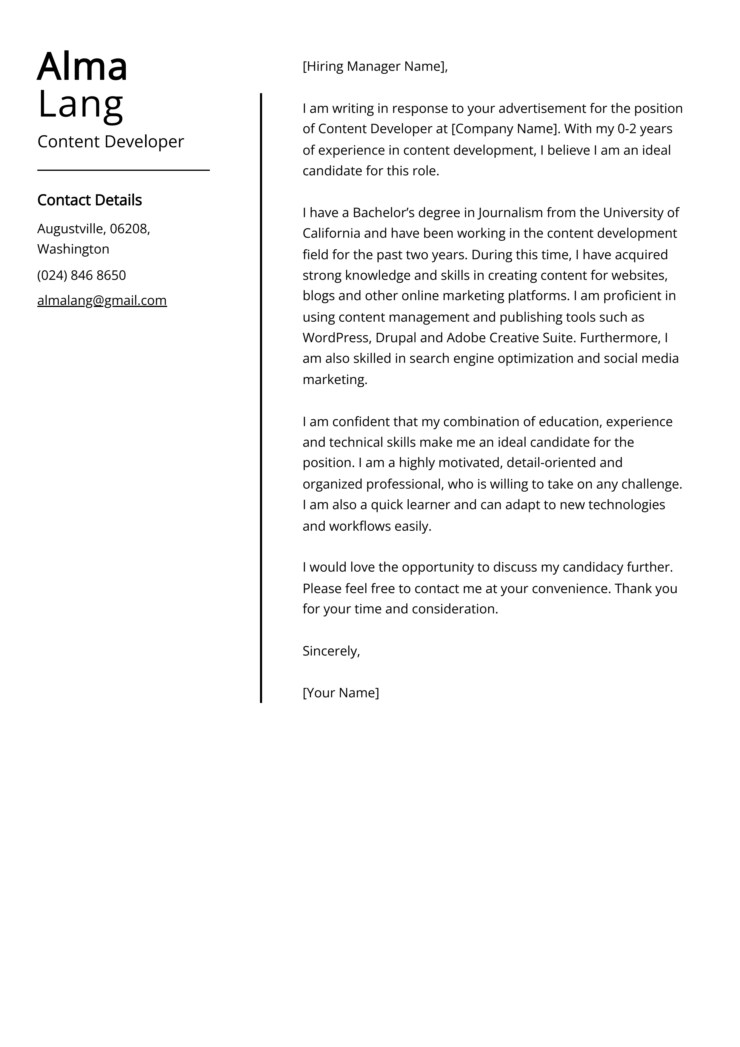 Content Developer Cover Letter Example