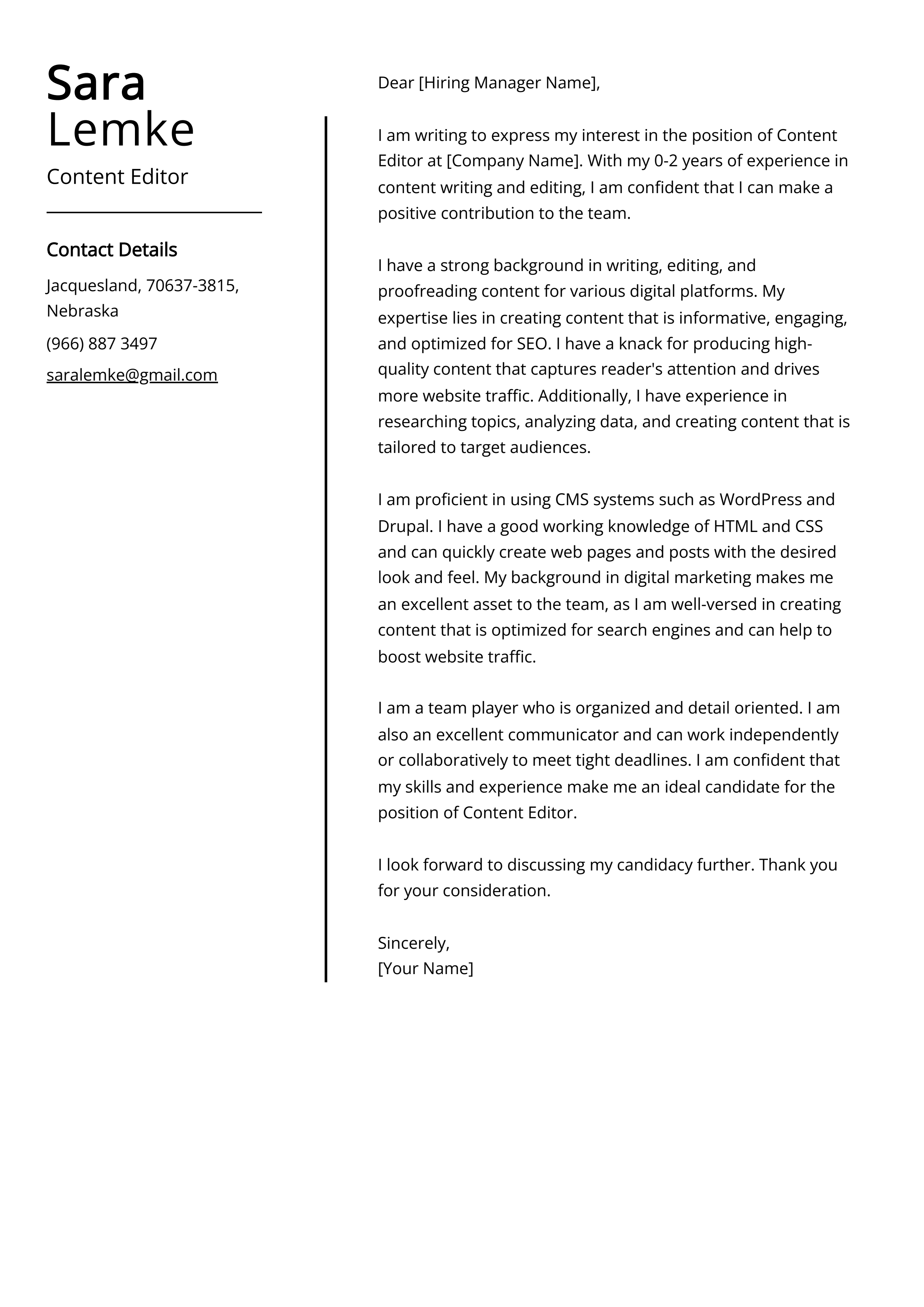 Content Editor Cover Letter Example