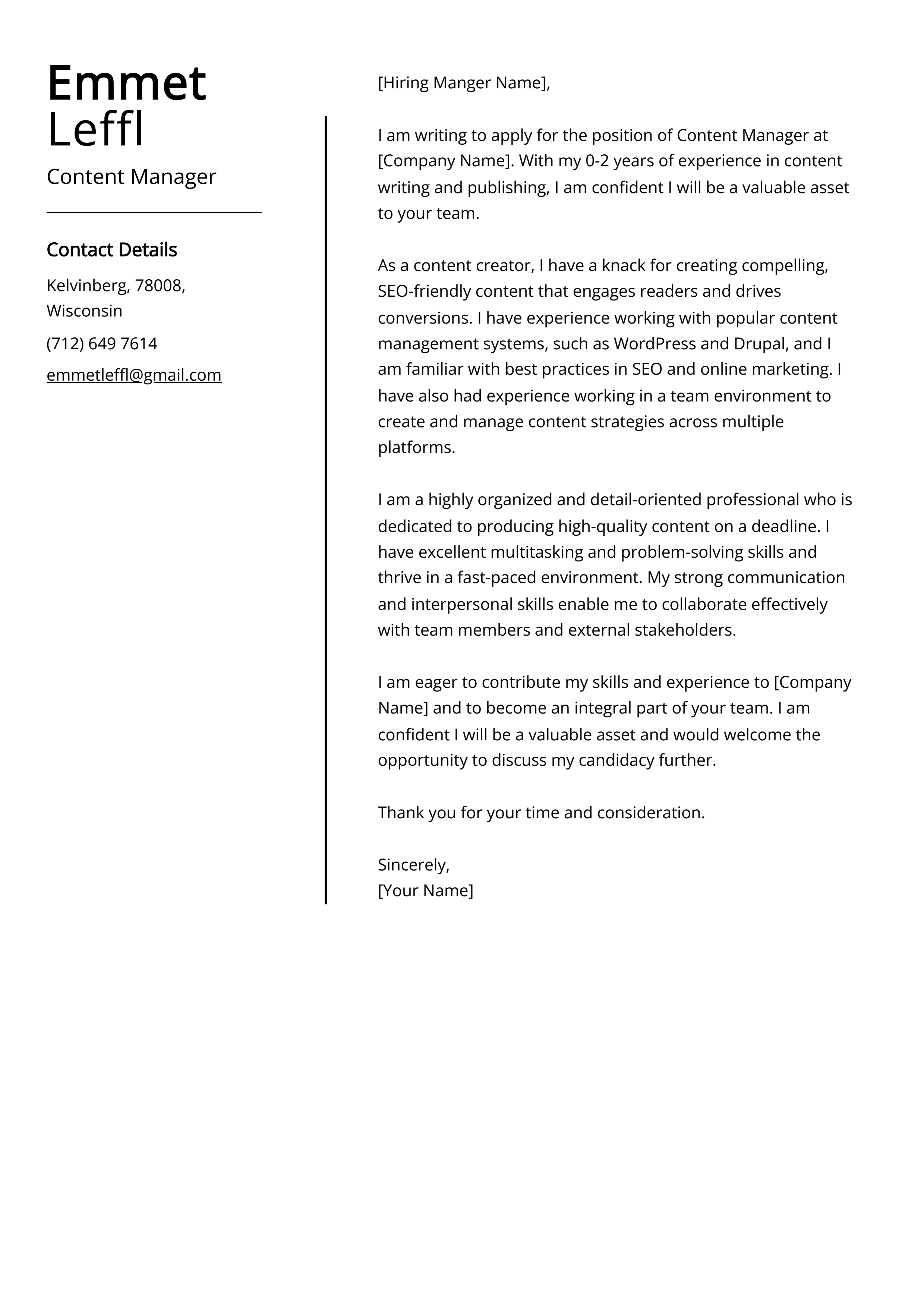 Content Manager Cover Letter Example