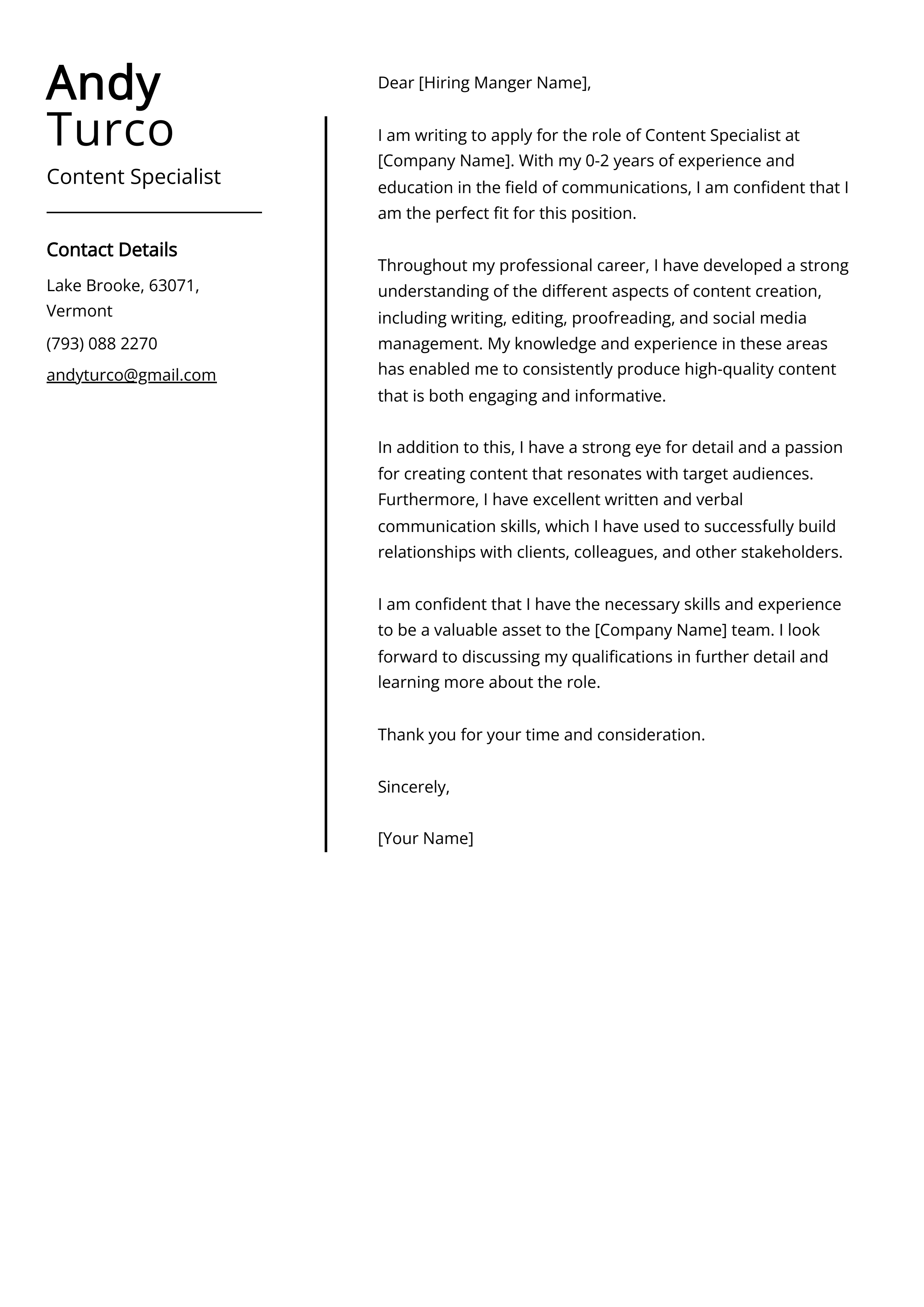 Content Specialist Cover Letter Example