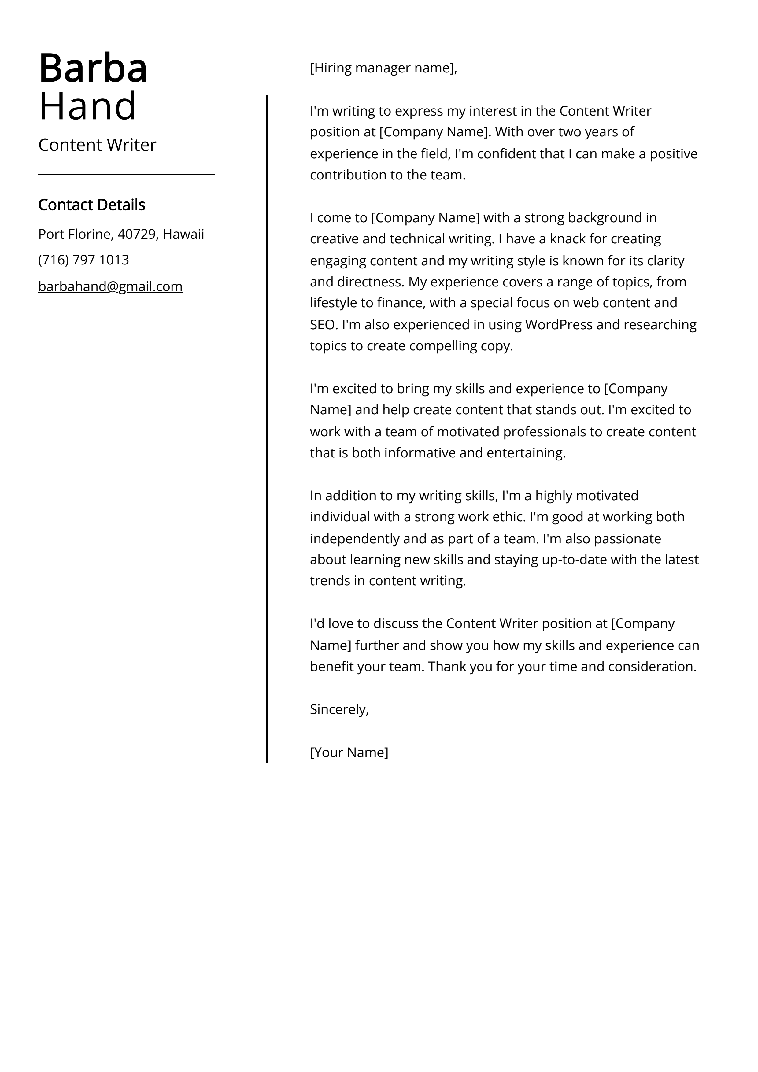 Experienced Content Writer Cover Letter Example