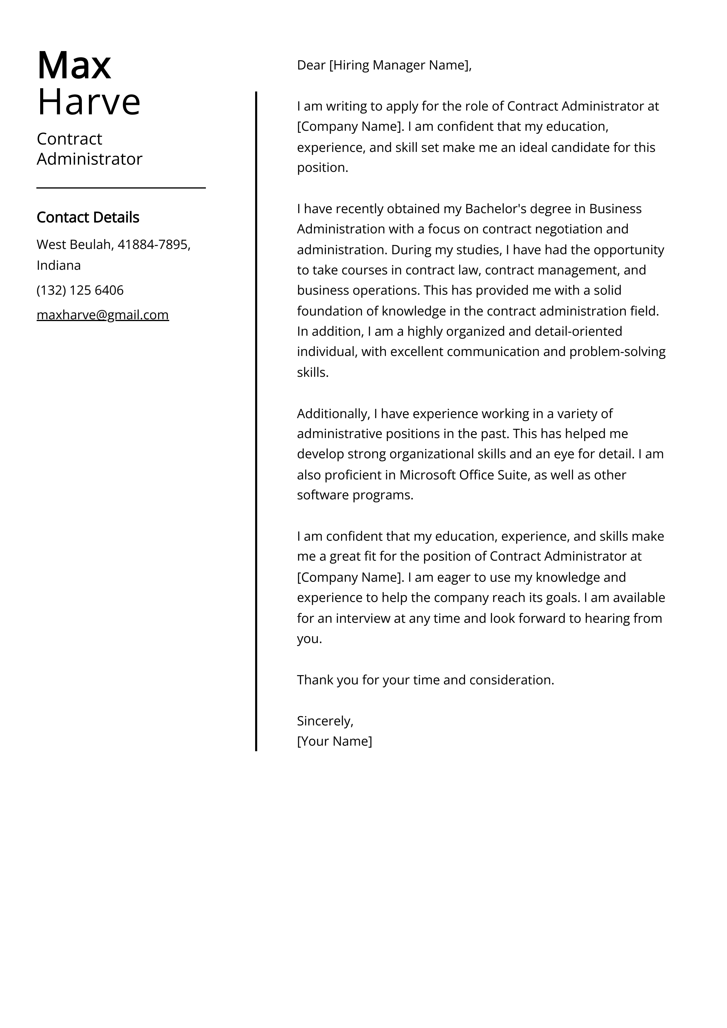 Contract Administrator Cover Letter Example
