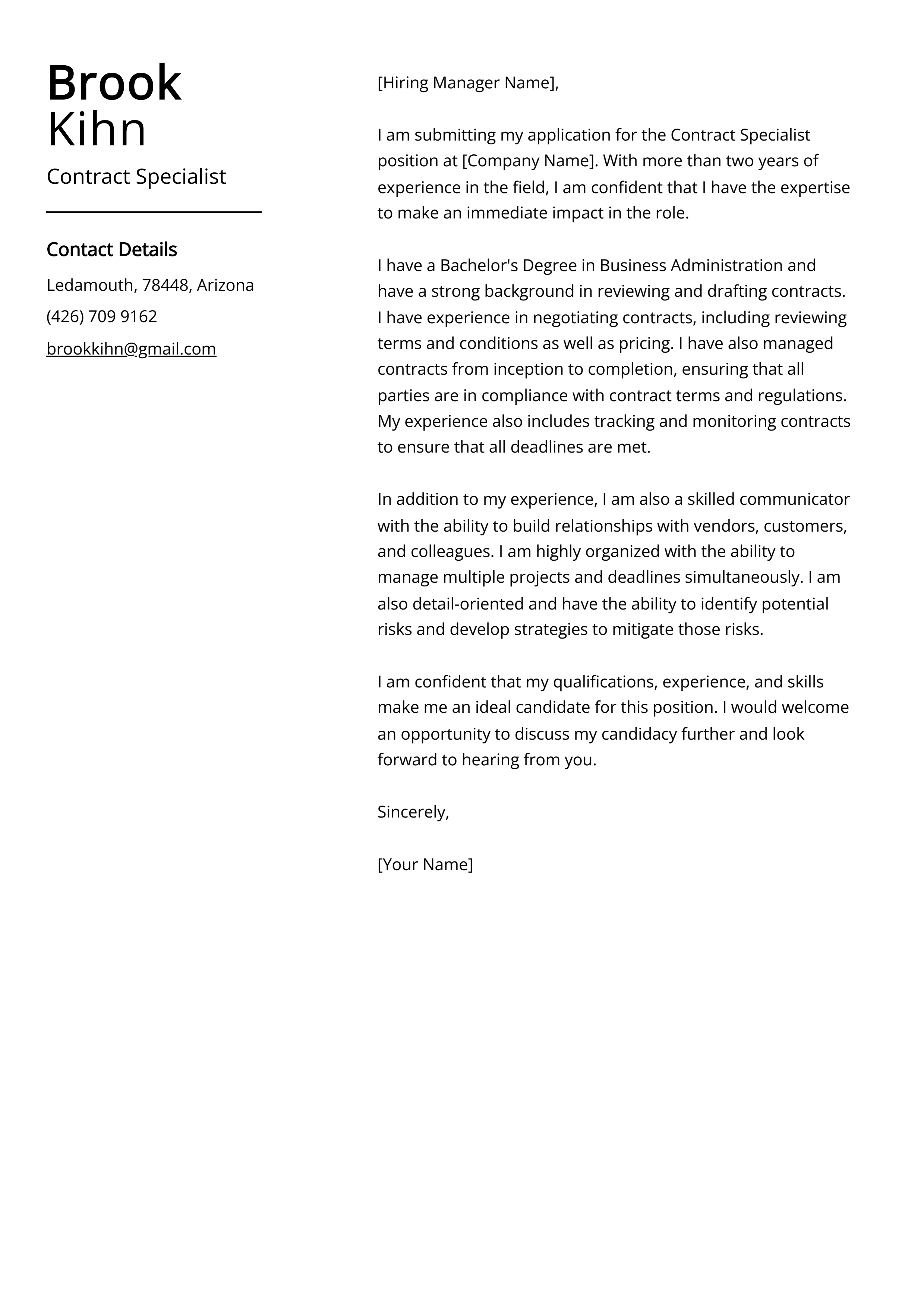 Contract Specialist Cover Letter Example