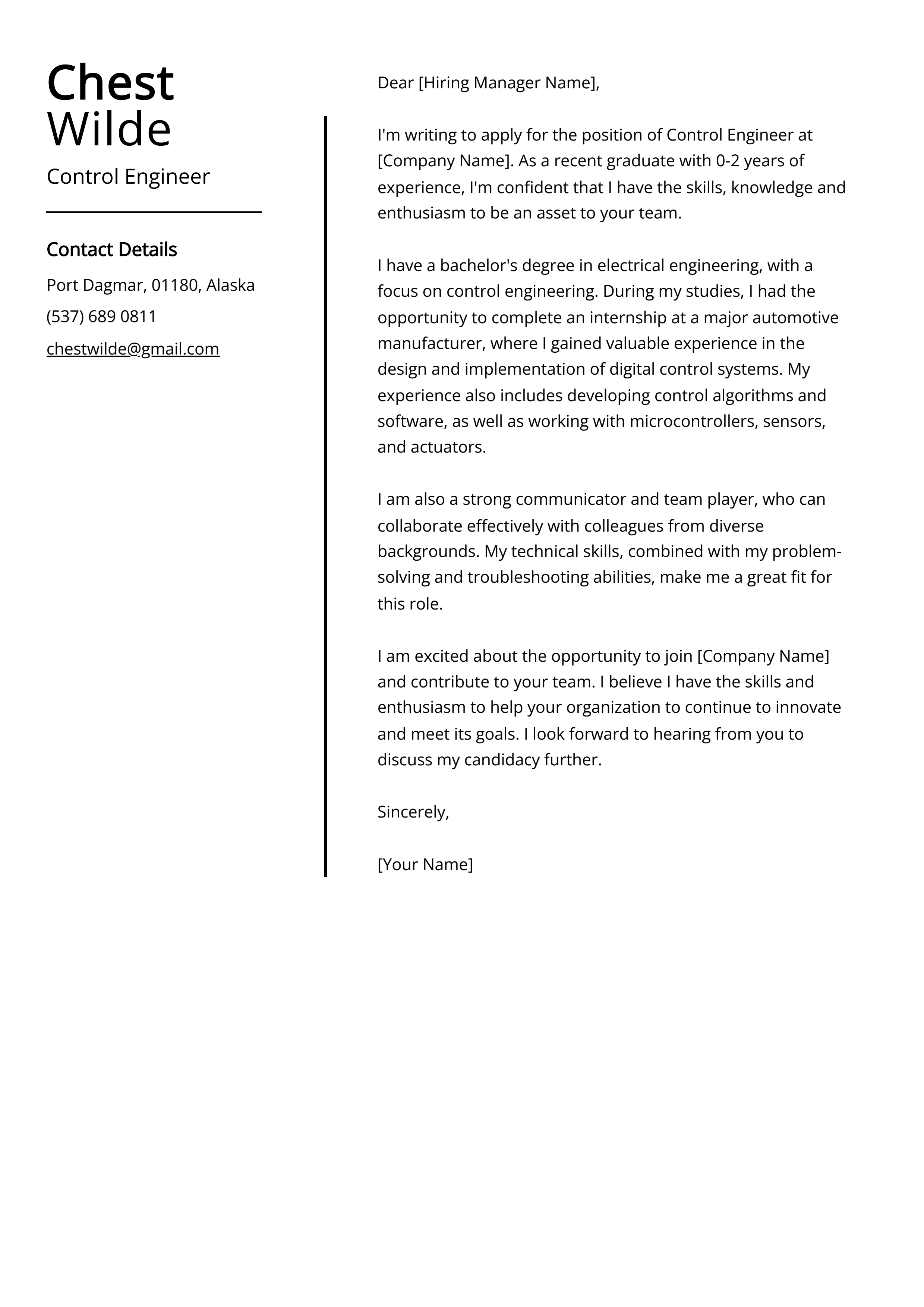 Control Engineer Cover Letter Example