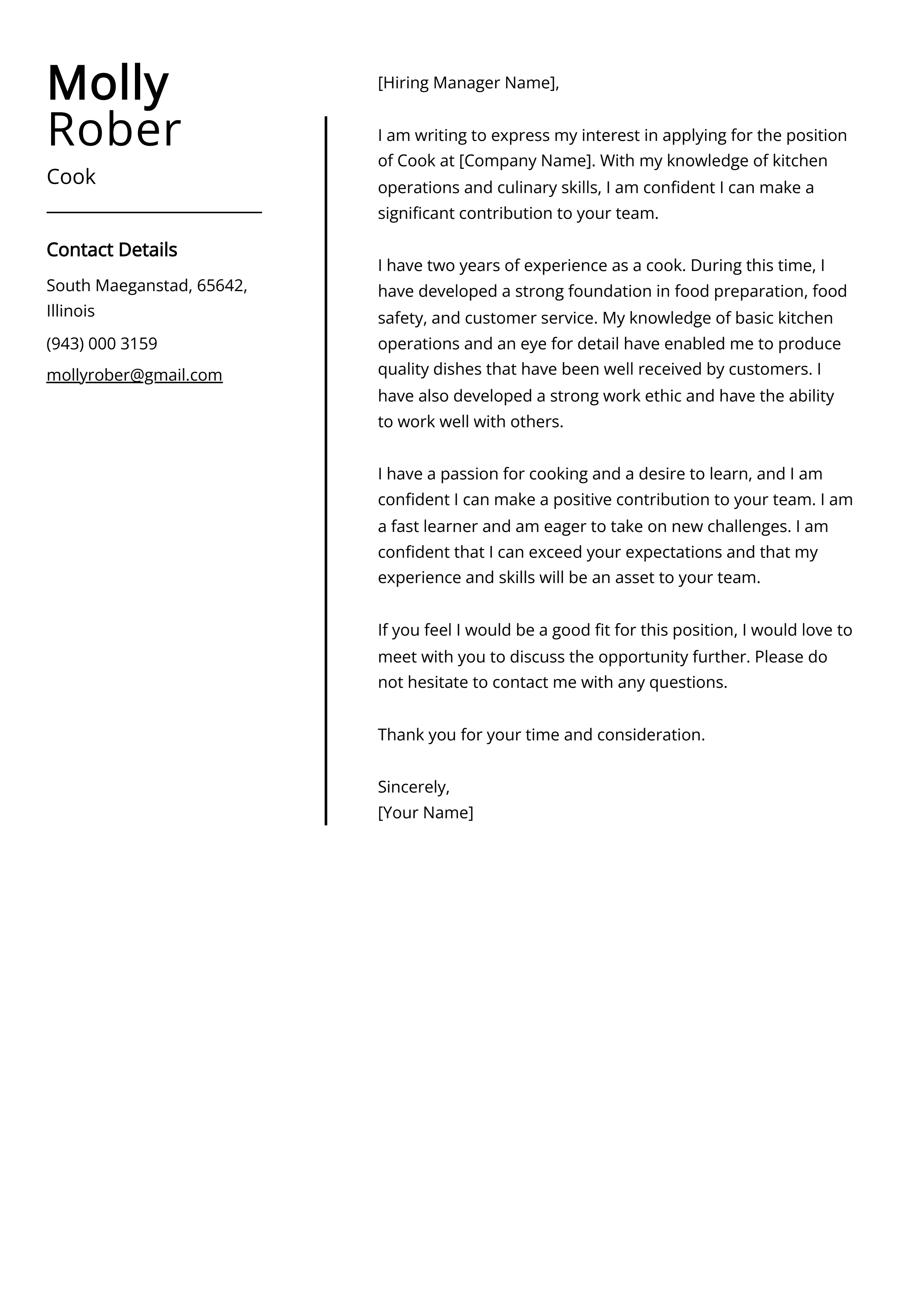 Experienced Cook Cover Letter Example