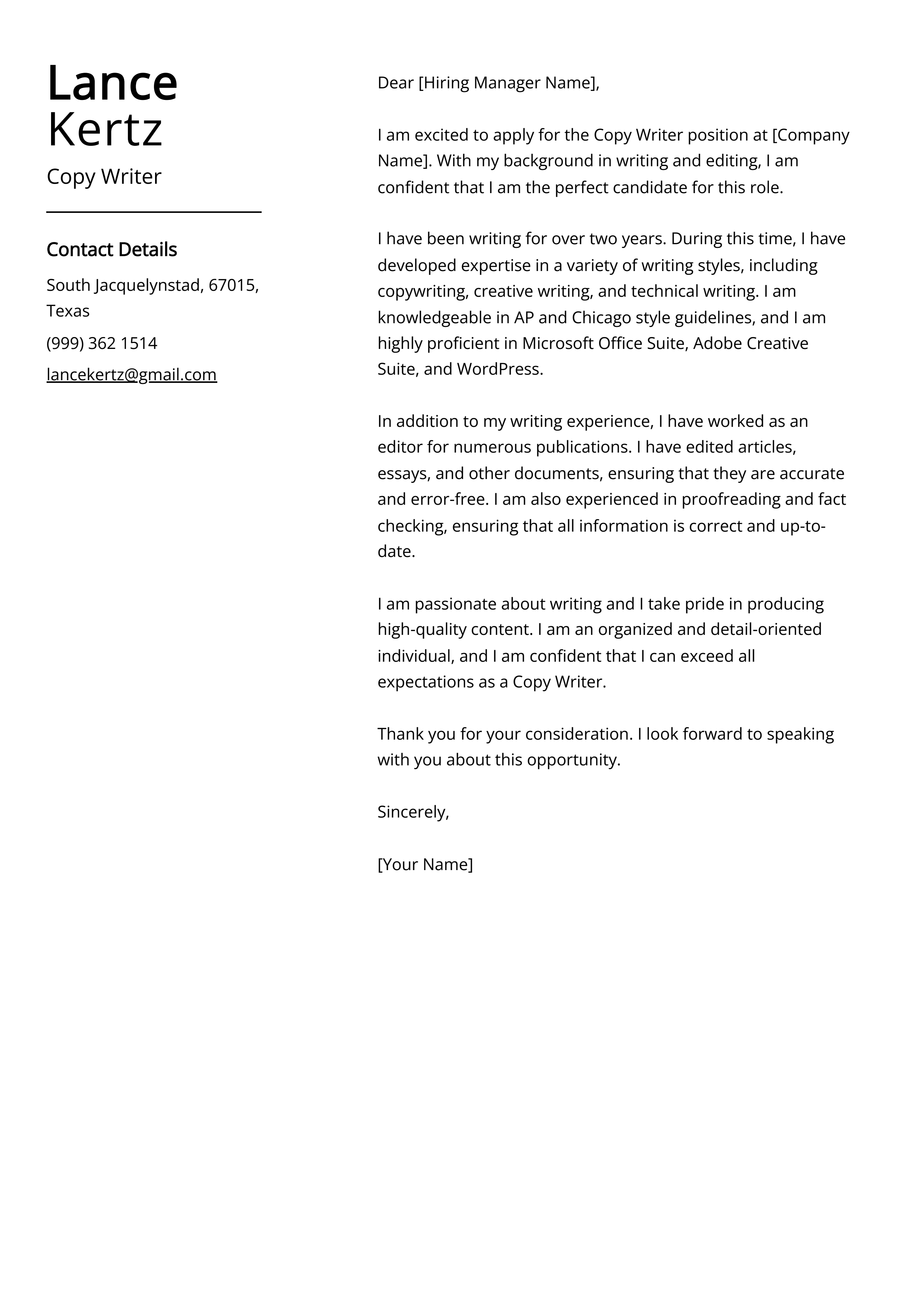 Copy Writer Cover Letter Example