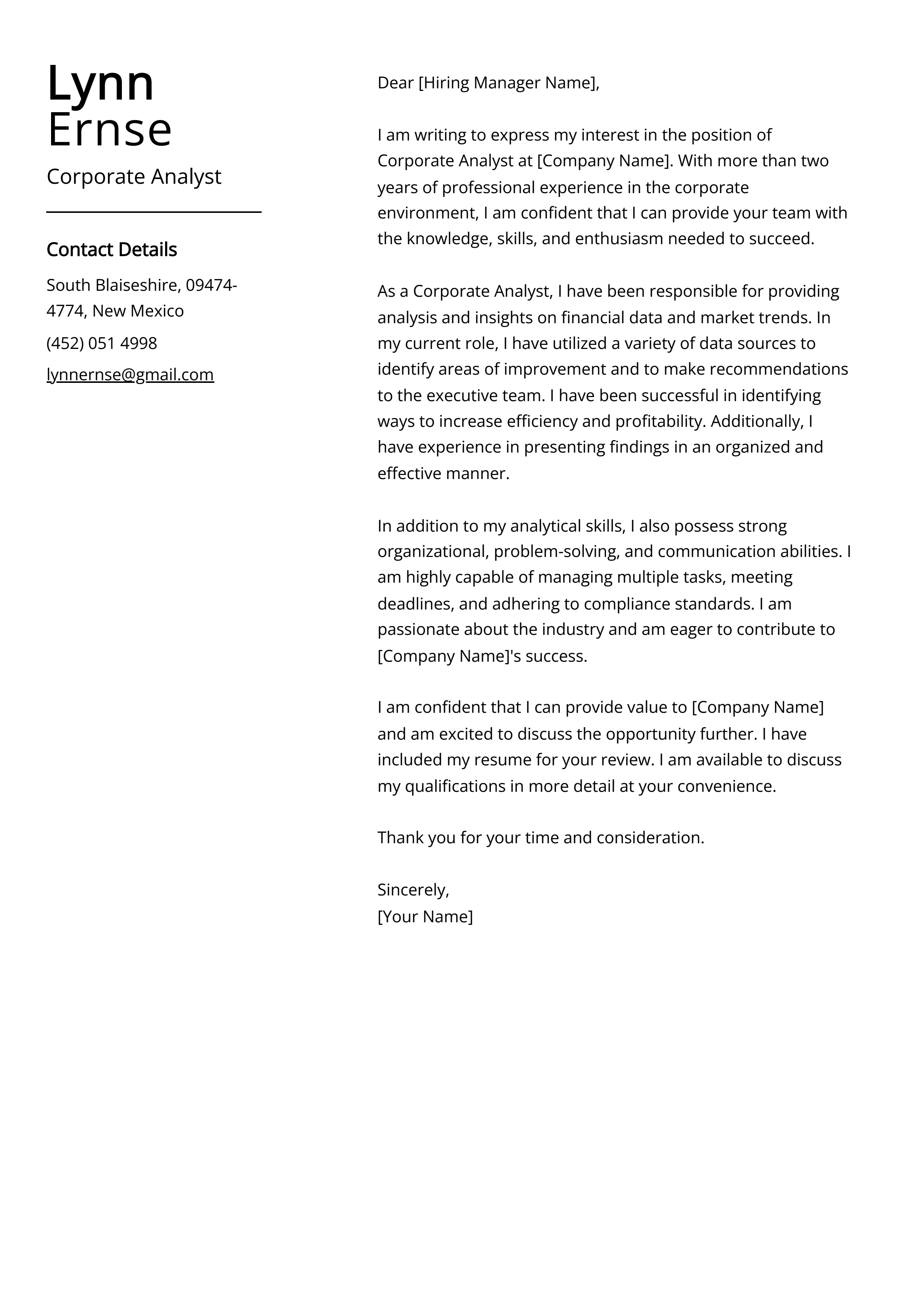 Corporate Analyst Cover Letter Example