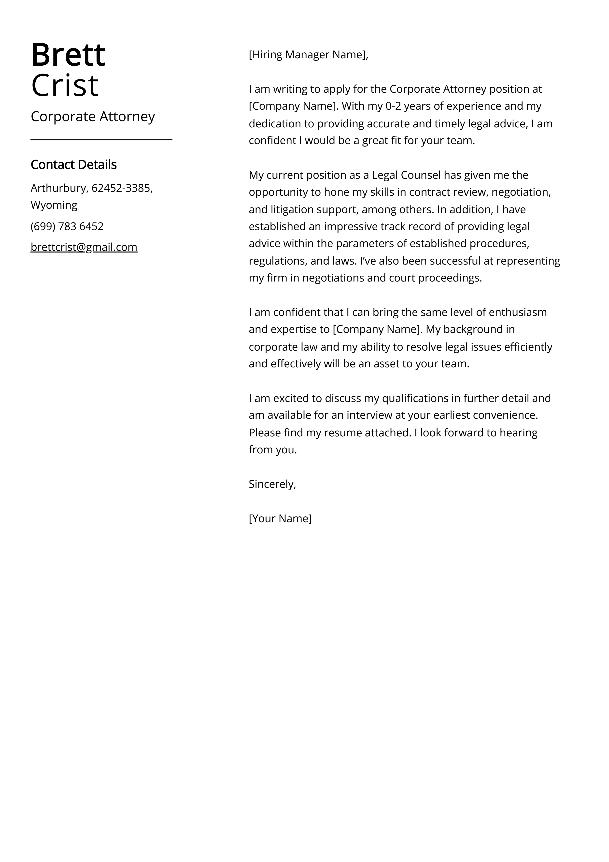 Corporate Attorney Cover Letter Example