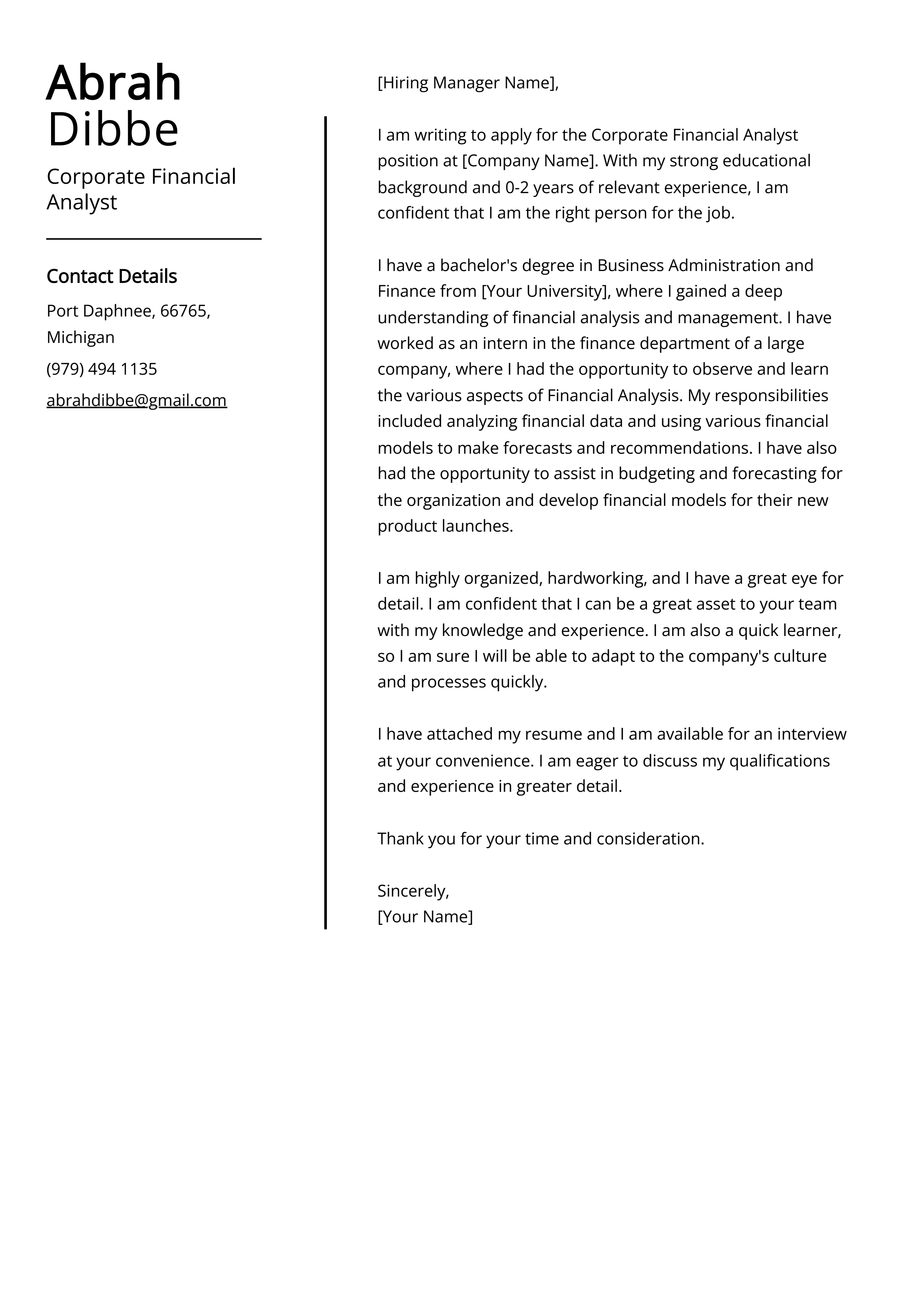 Corporate Financial Analyst Cover Letter Example