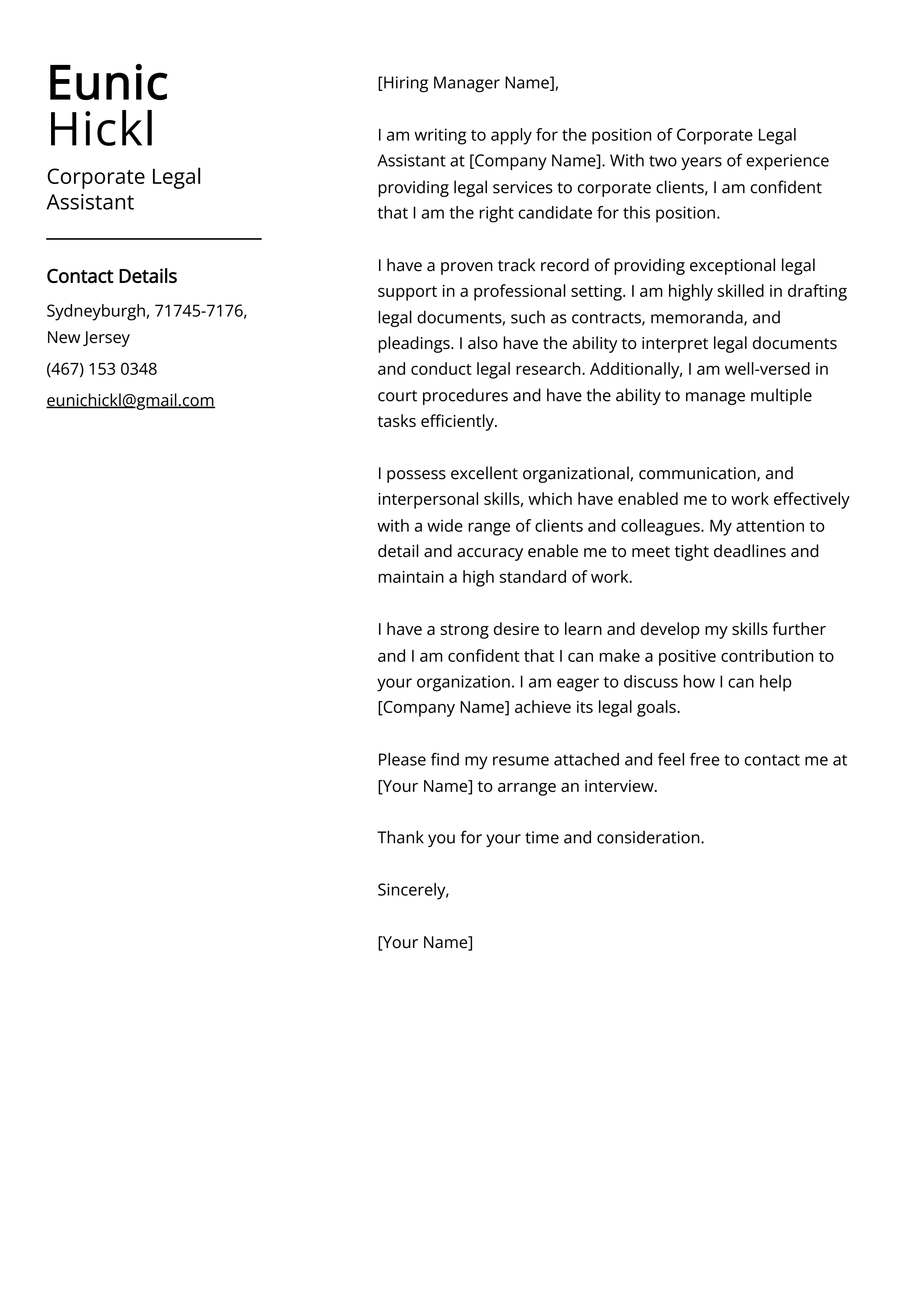 Corporate Legal Assistant Cover Letter Example