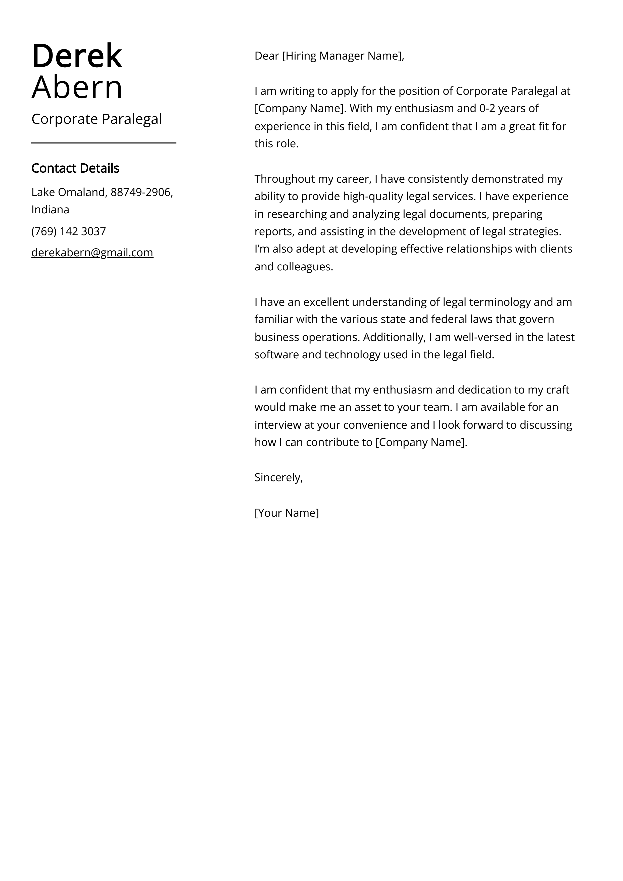 Corporate Paralegal Cover Letter Example