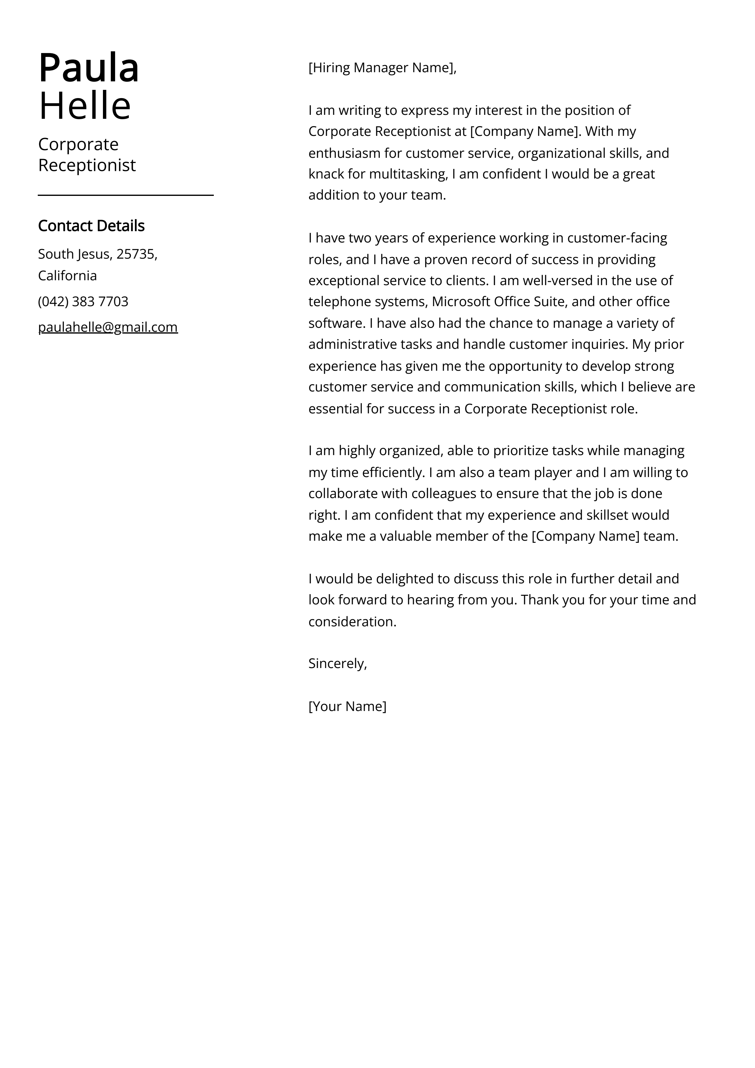 Corporate Receptionist Cover Letter Example