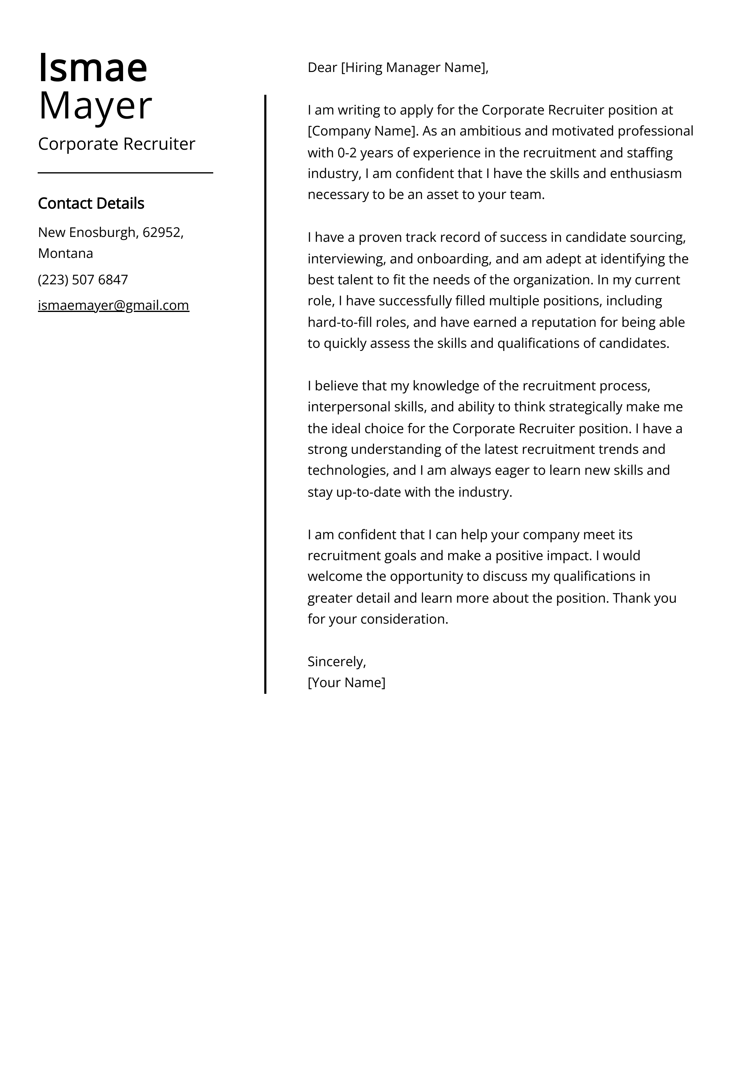 Corporate Recruiter Cover Letter Example