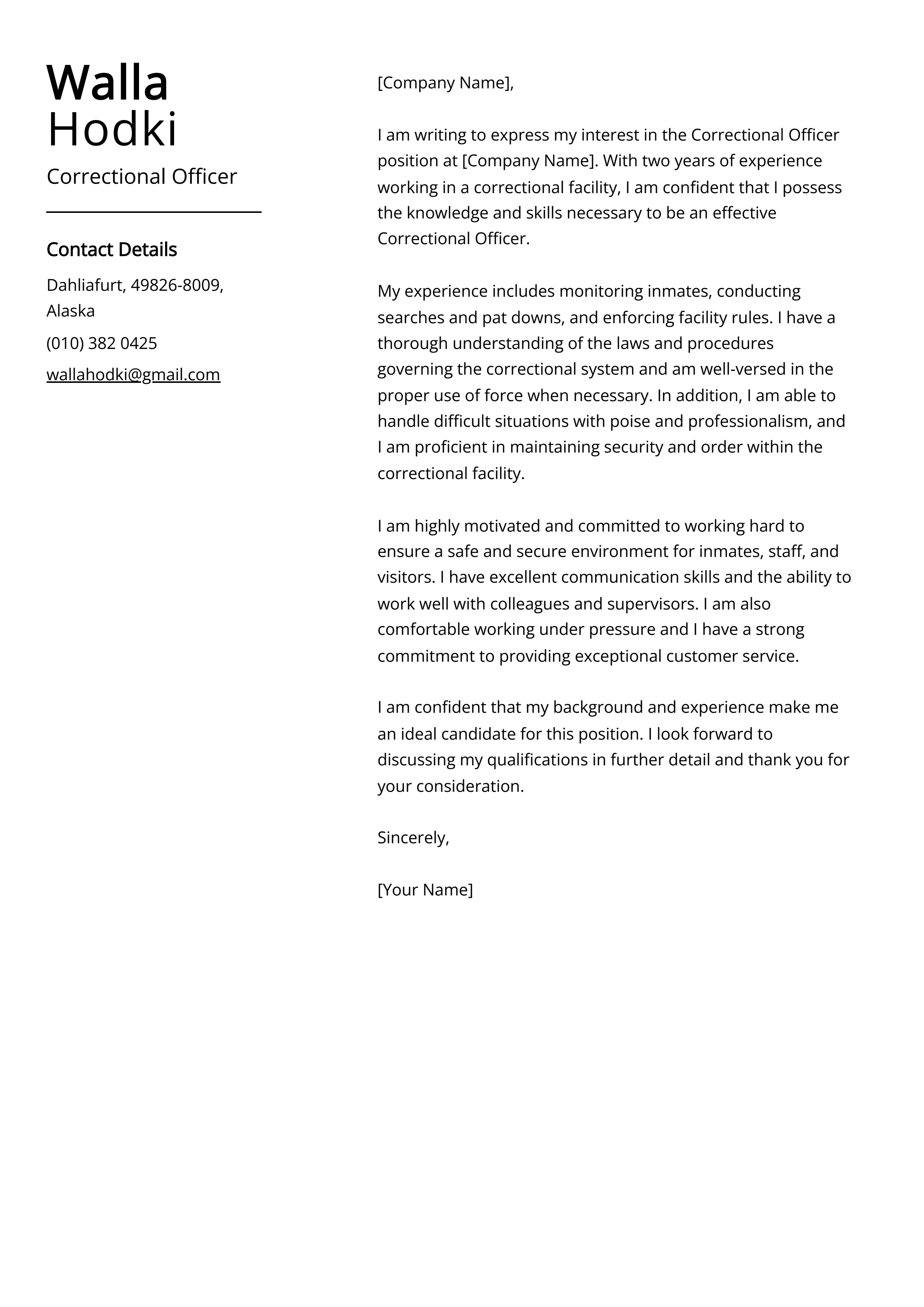 Correctional Officer Cover Letter Example