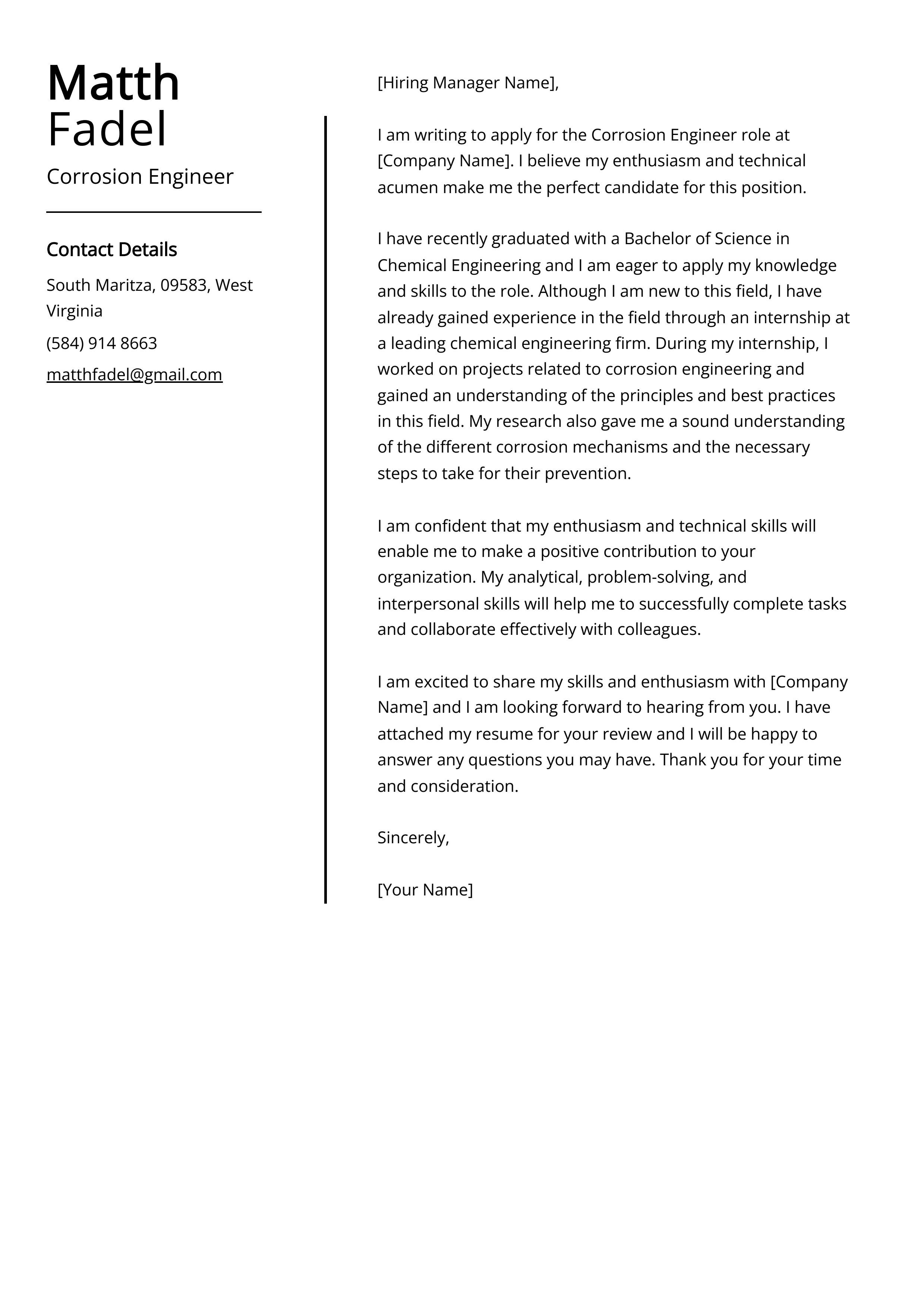 Corrosion Engineer Cover Letter Example