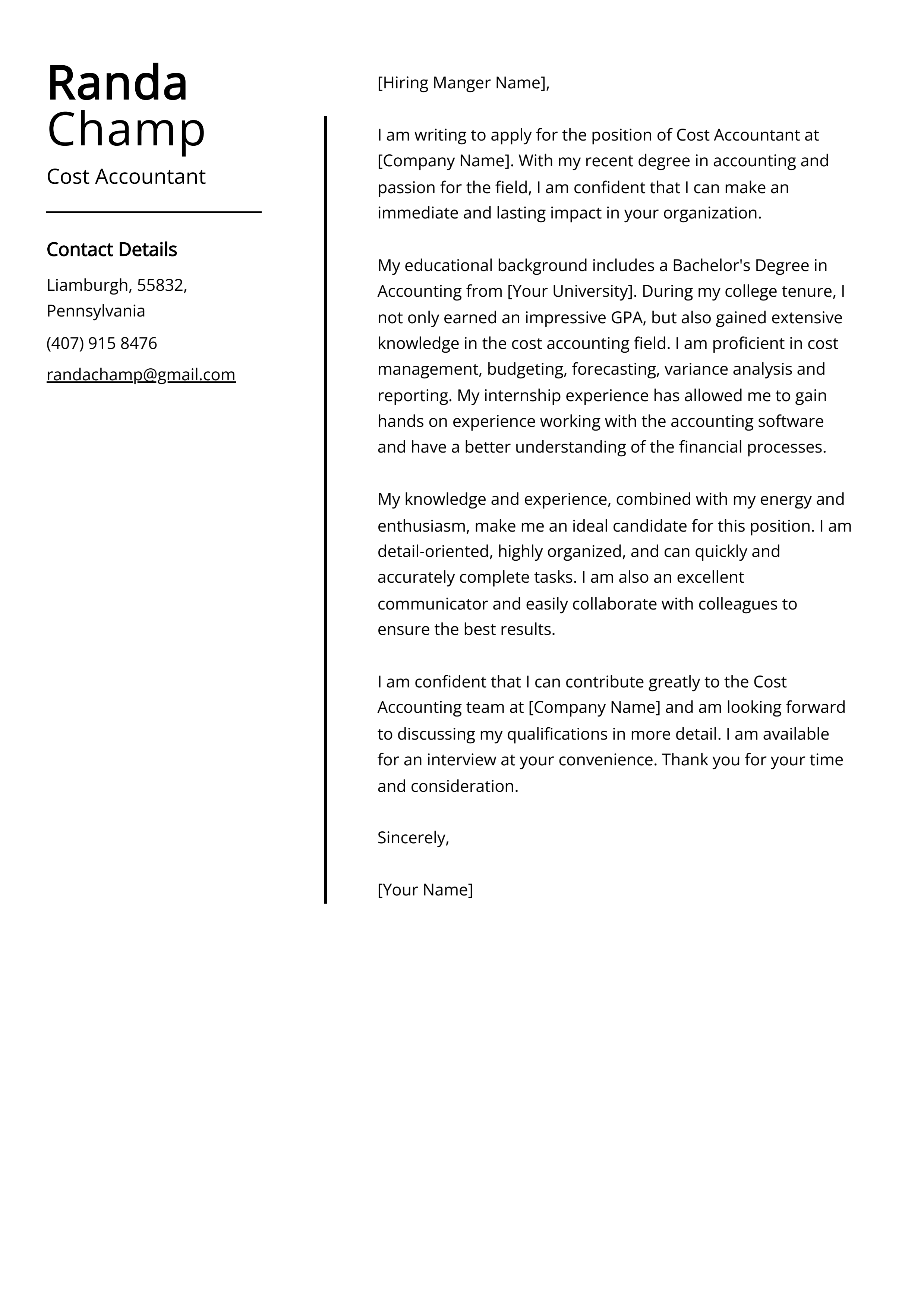 Cost Accountant Cover Letter Example