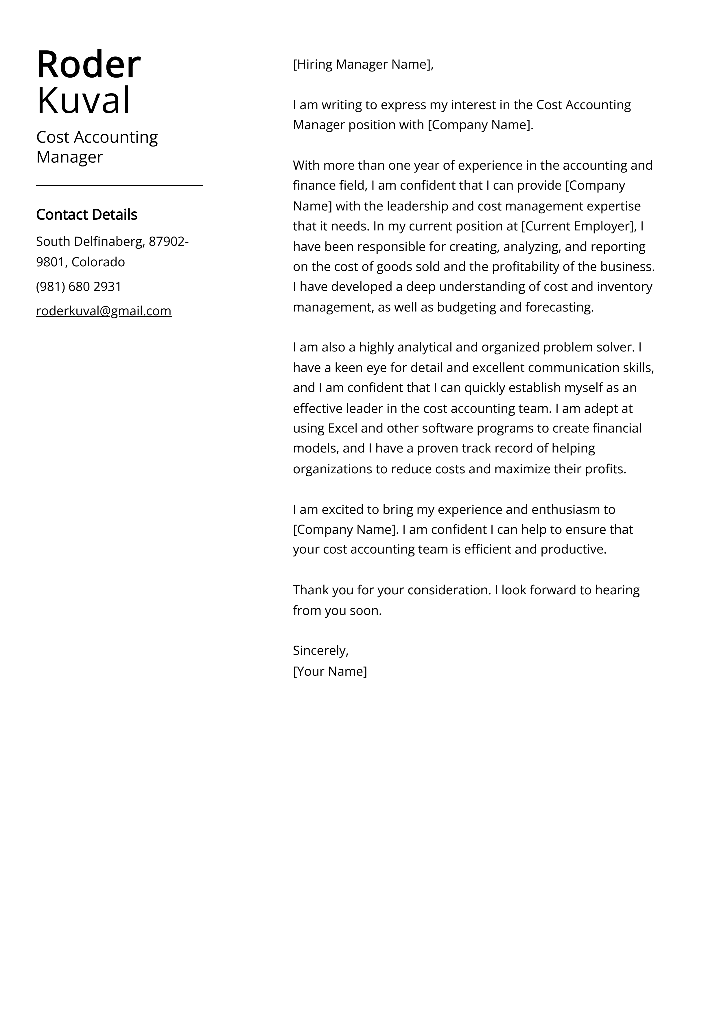 Cost Accounting Manager Cover Letter Example