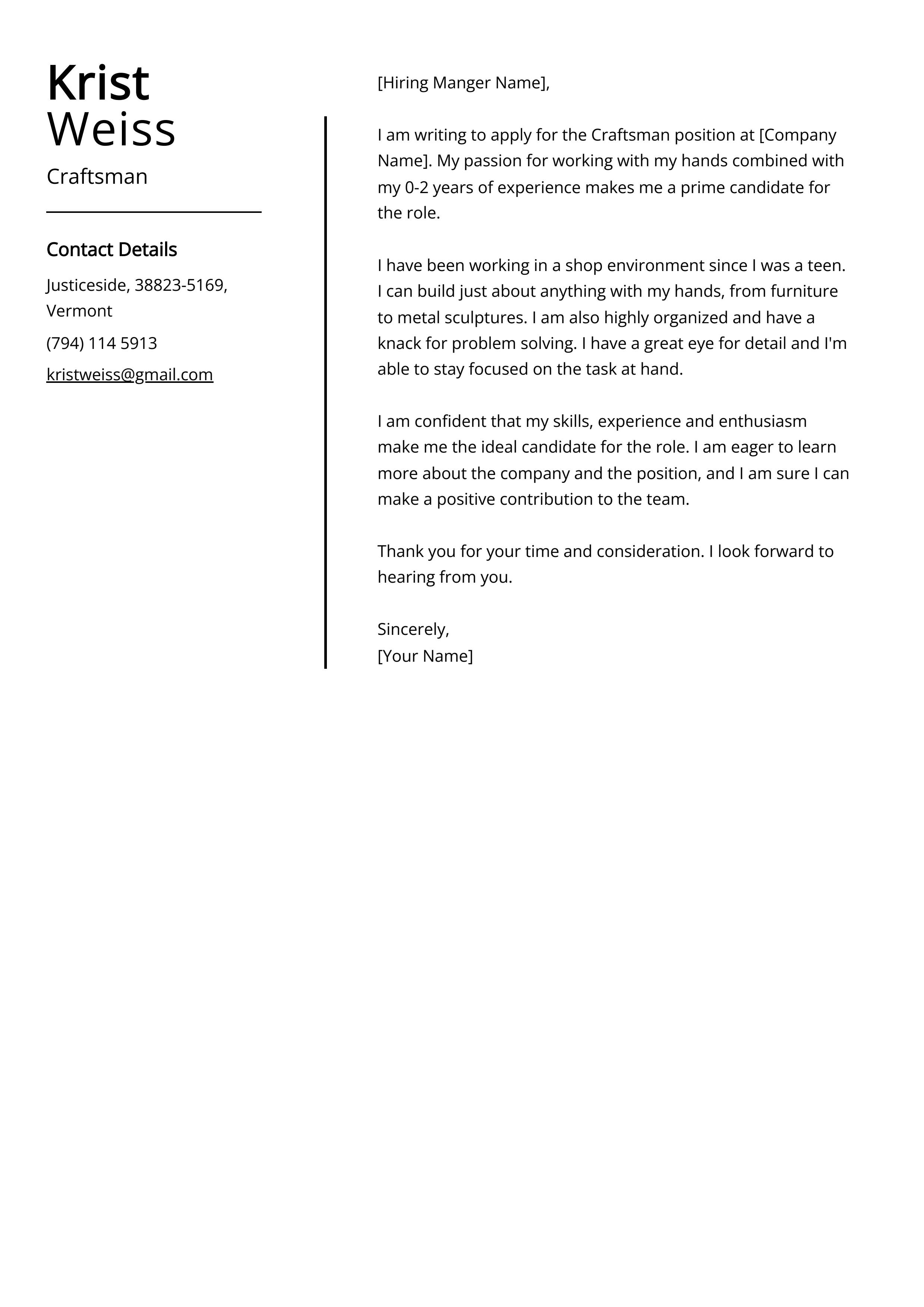 Craftsman Cover Letter Example
