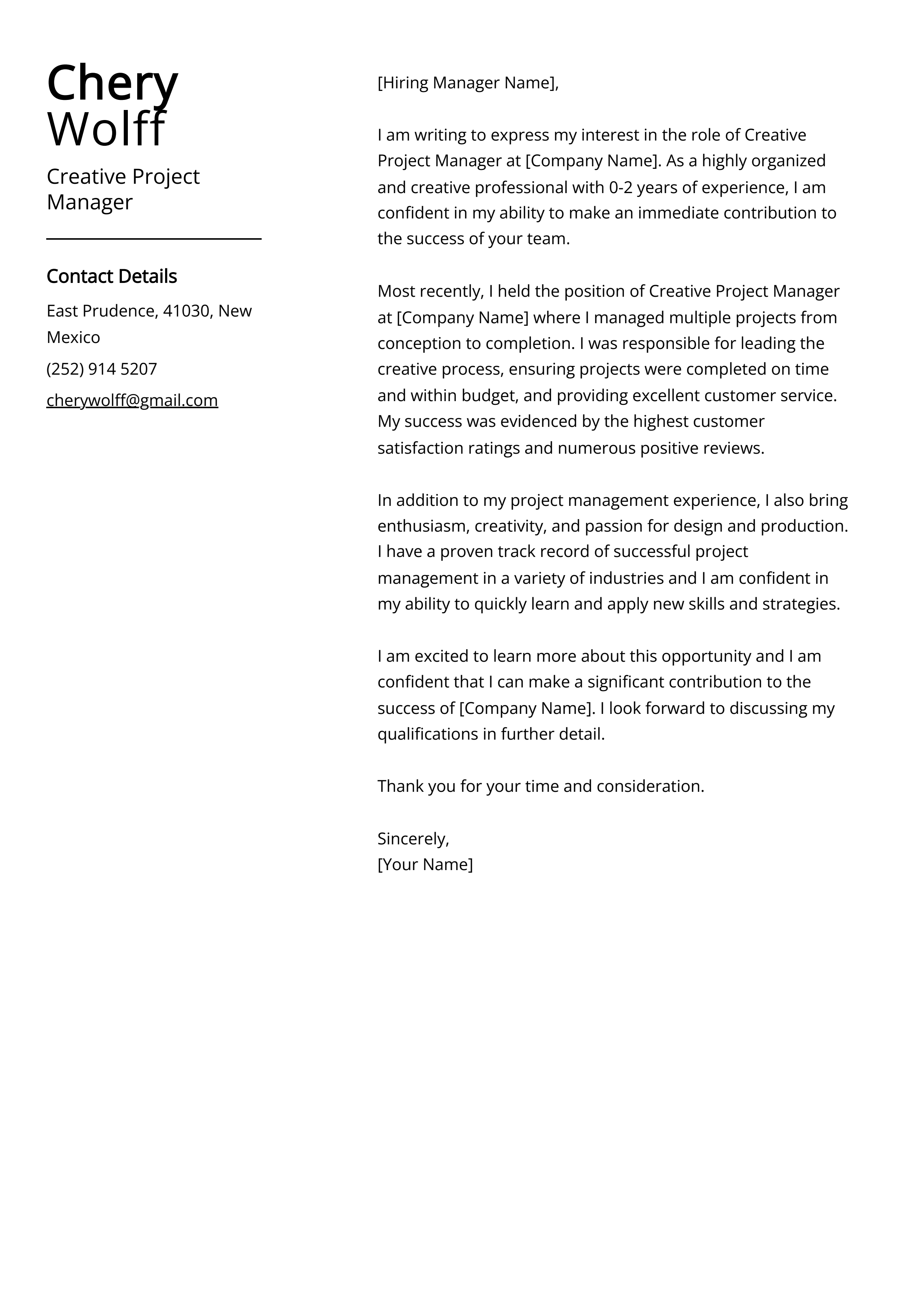 Creative Project Manager Cover Letter Example