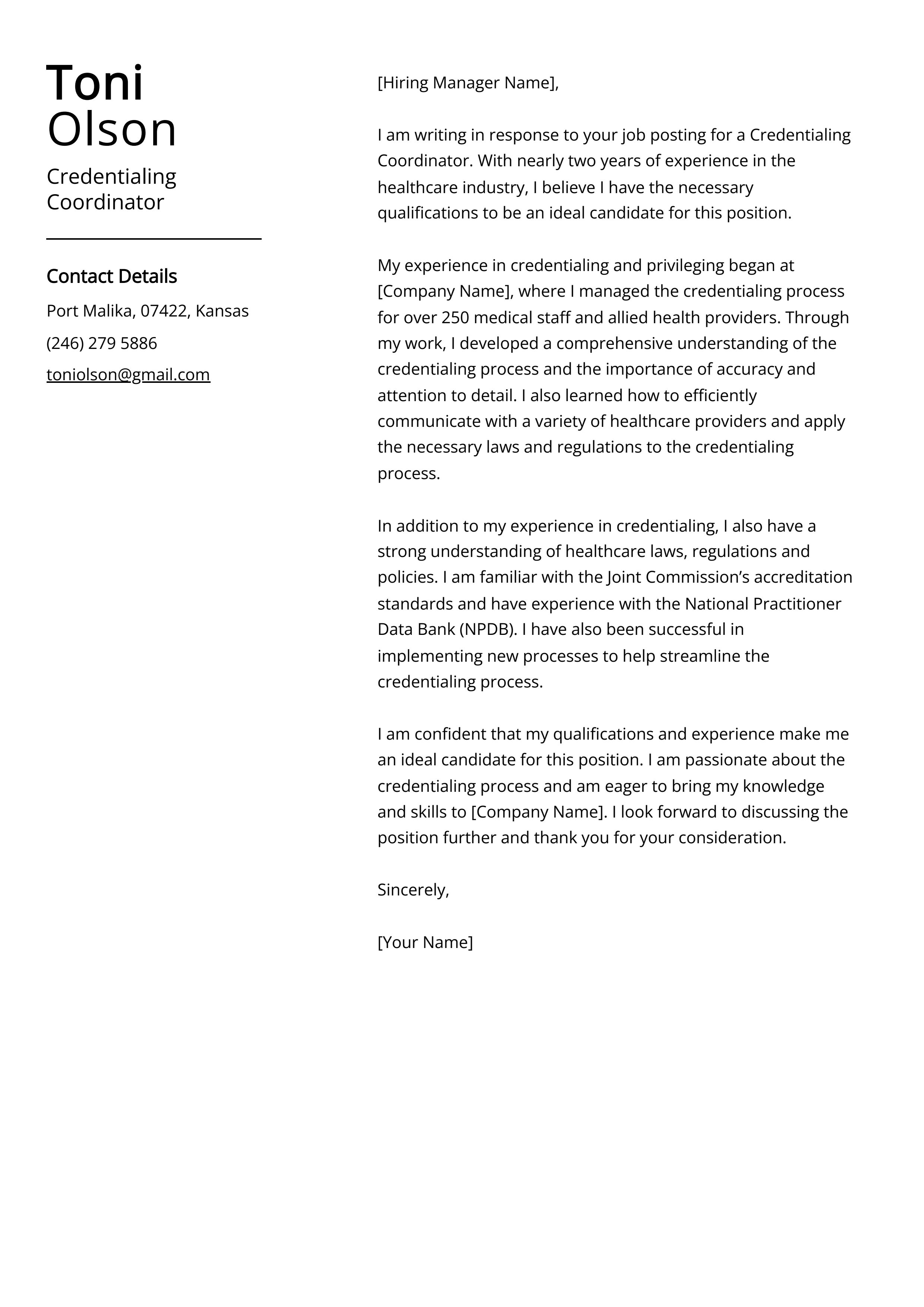 Credentialing Coordinator Cover Letter Example