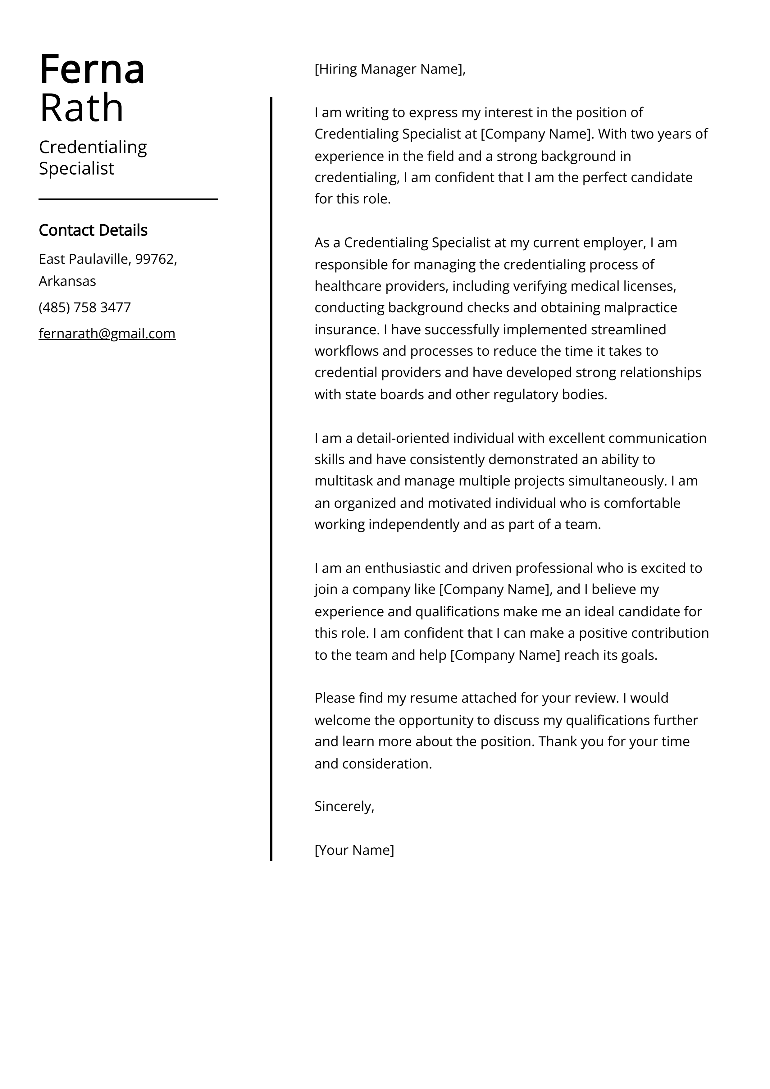 Credentialing Specialist Cover Letter Example