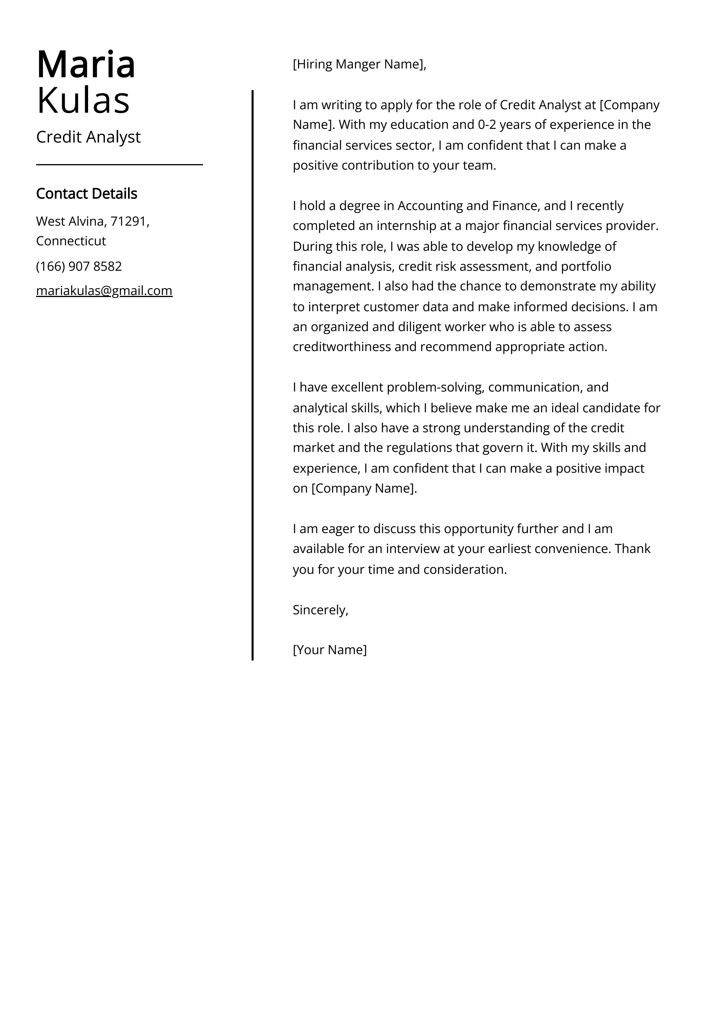 Credit Analyst Cover Letter Example