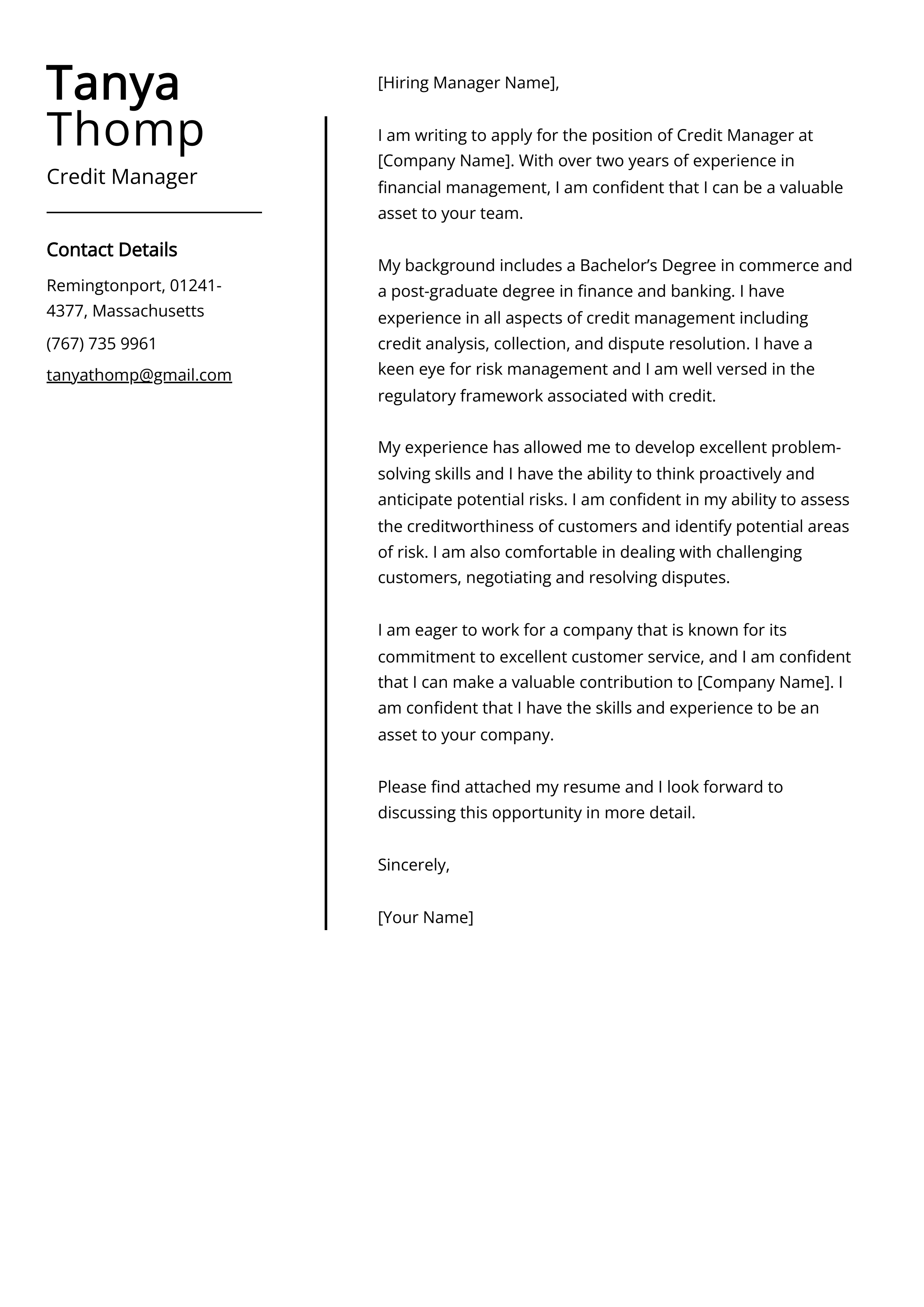 Credit Manager Cover Letter Example