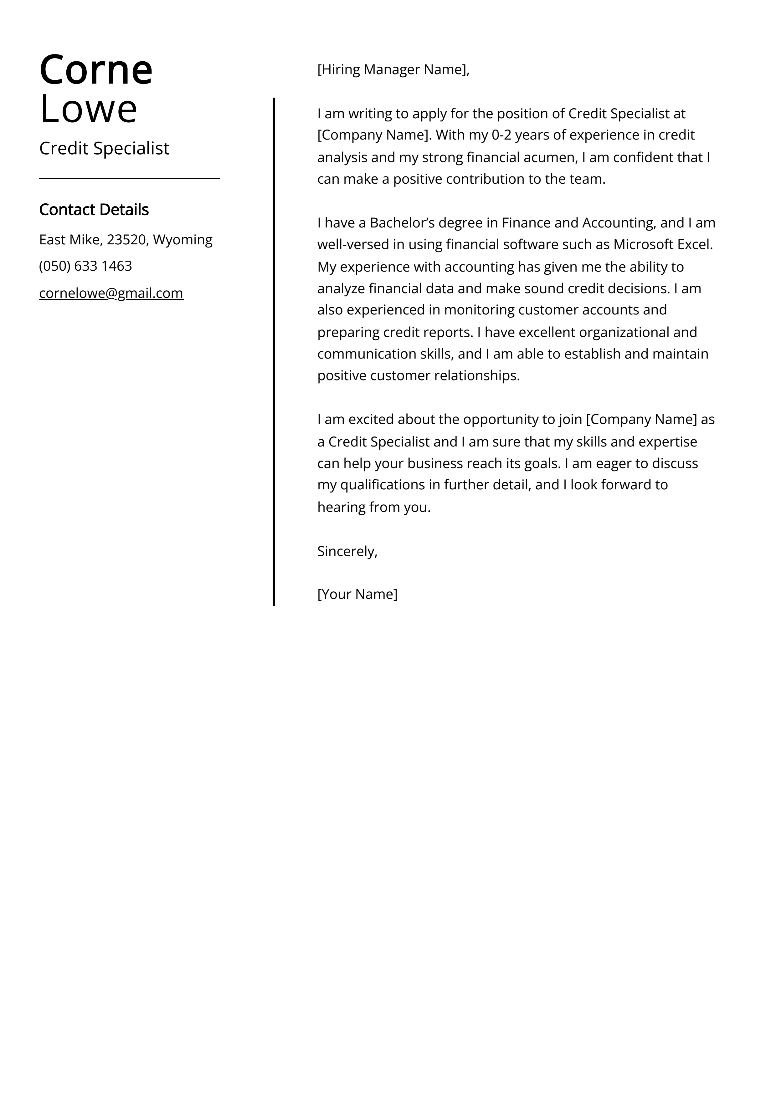 Credit Specialist Cover Letter Example