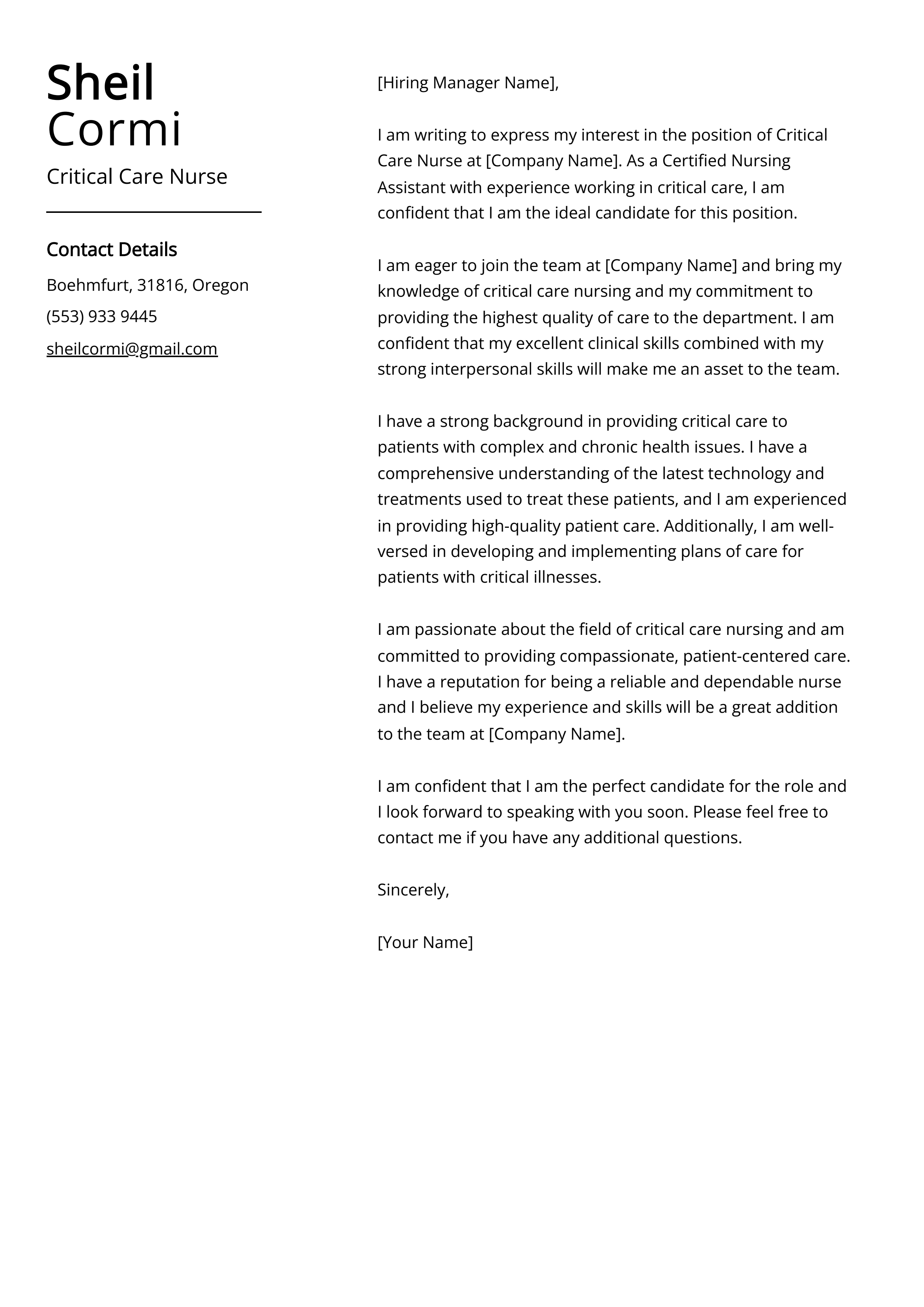 Critical Care Nurse Cover Letter Example