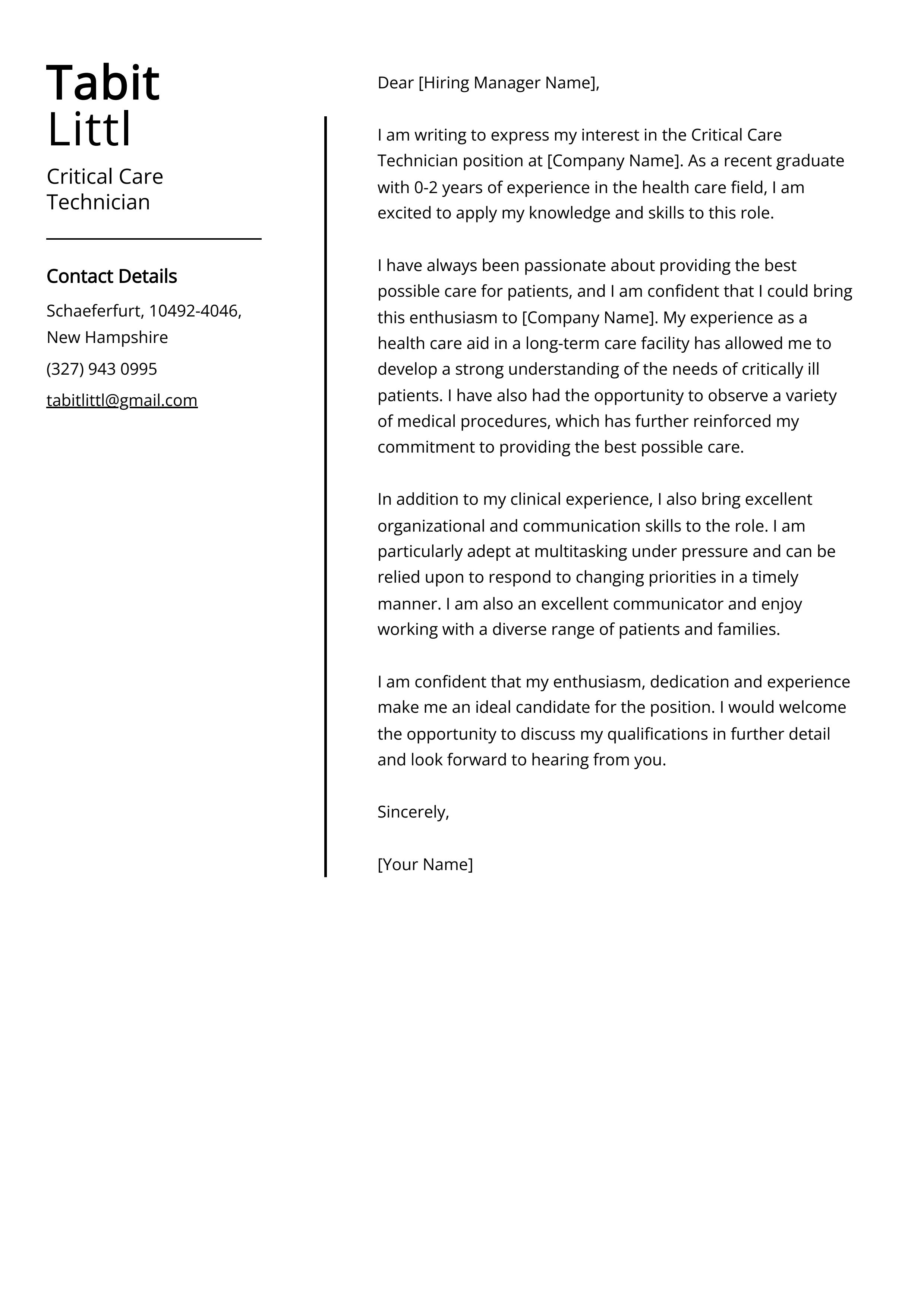 Critical Care Technician Cover Letter Example