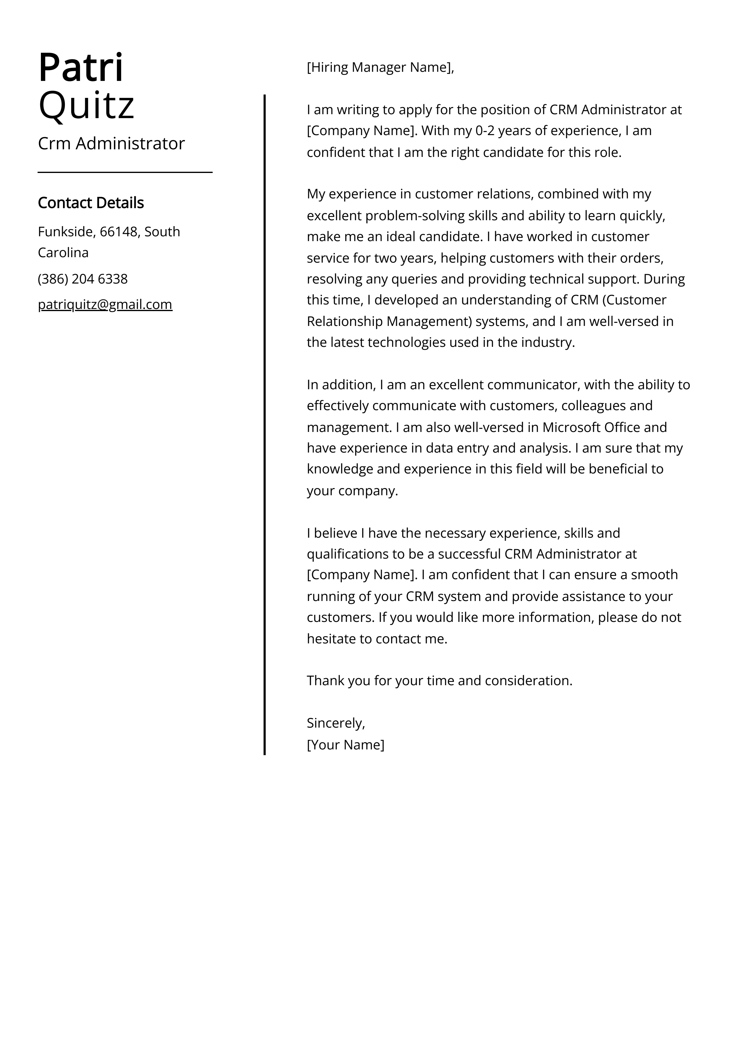 Crm Administrator Cover Letter Example