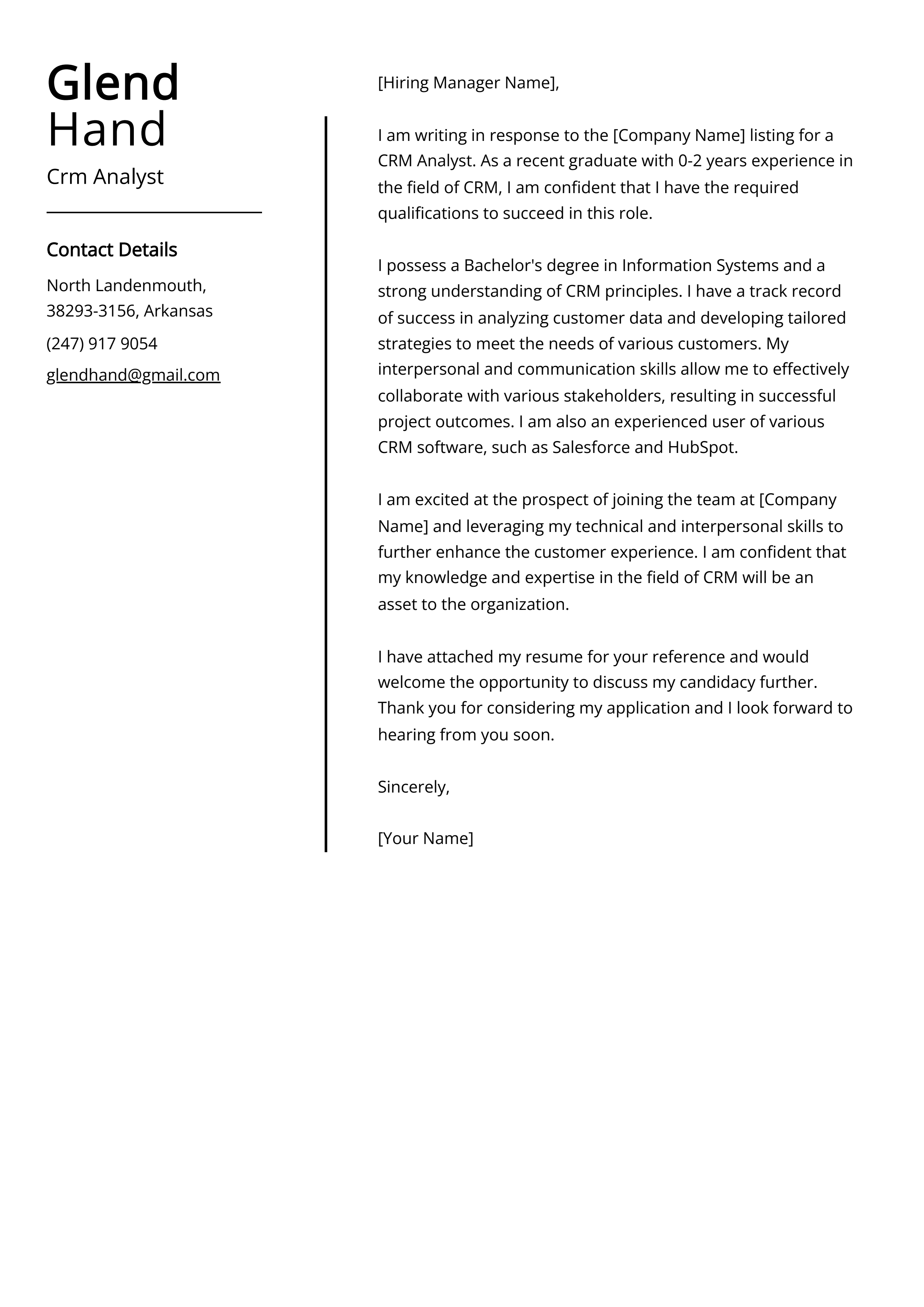Crm Analyst Cover Letter Example